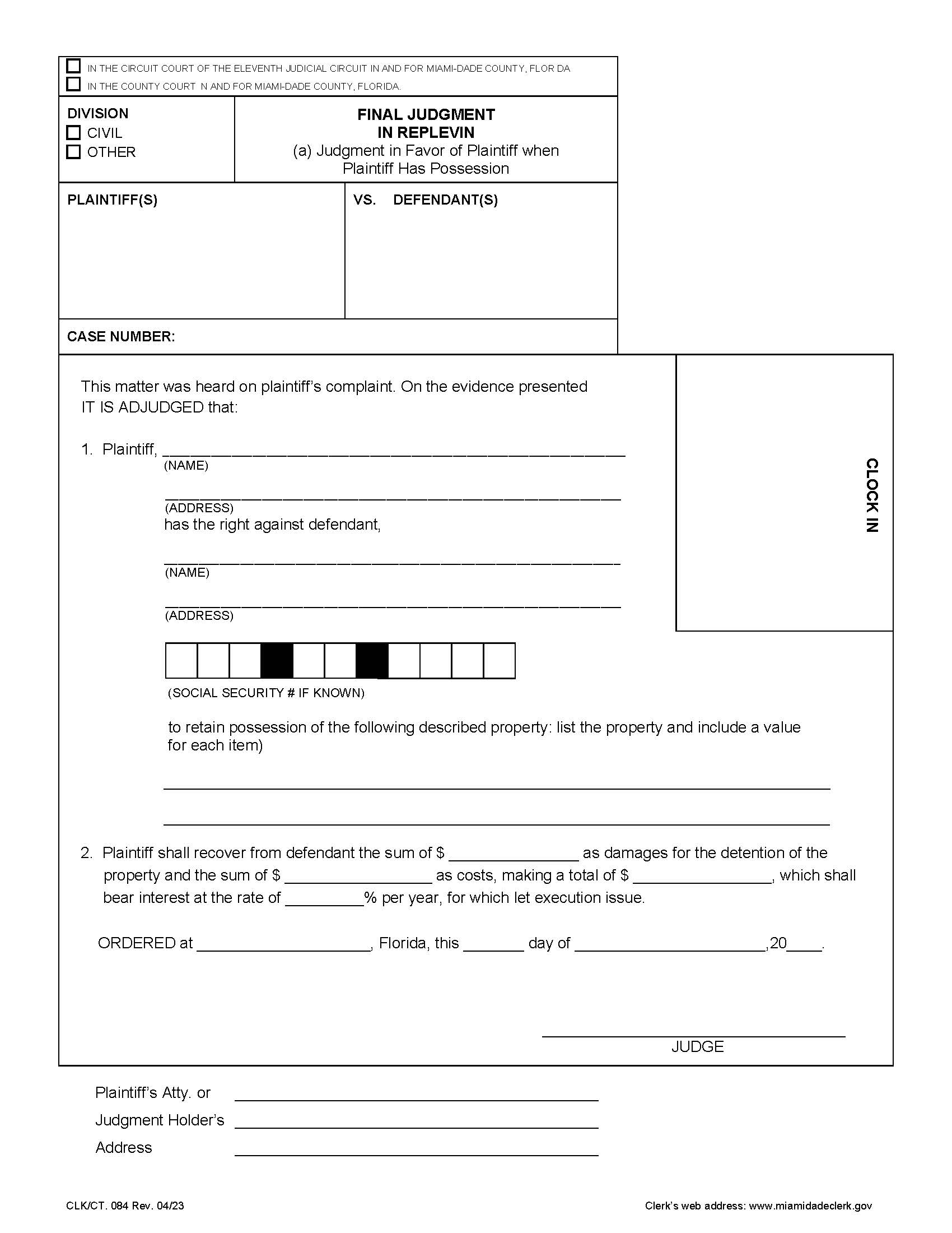 Final Judgment In Replevin (a) In Favor Of Plaintiff When Plaintiff Has Possession {084} | Pdf Fpdf Doc Docx | Florida