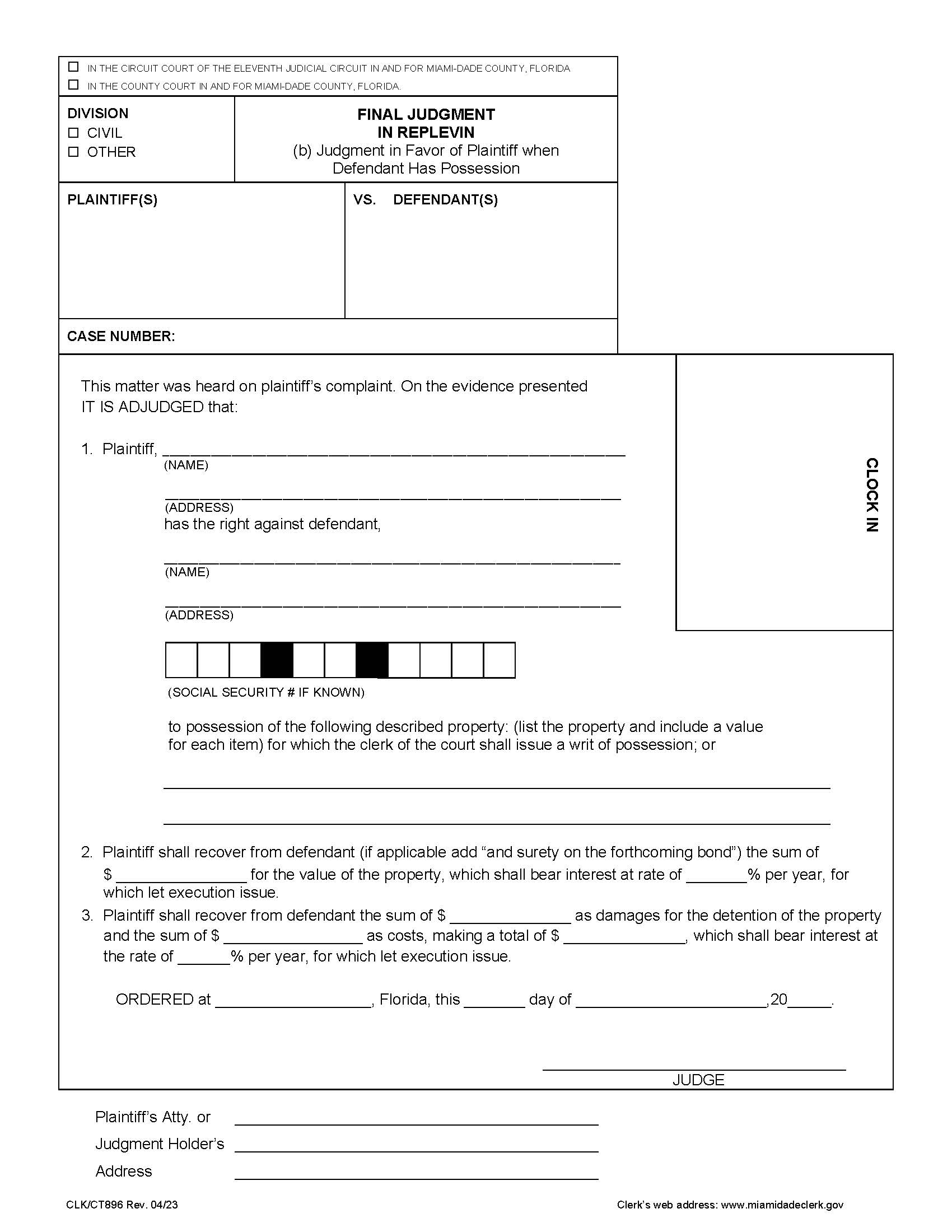 Final Judgment In Replevin (b) In Favor Of Plantiff When Defendant Has Possesssion {896} | Pdf Fpdf Doc Docx | Florida