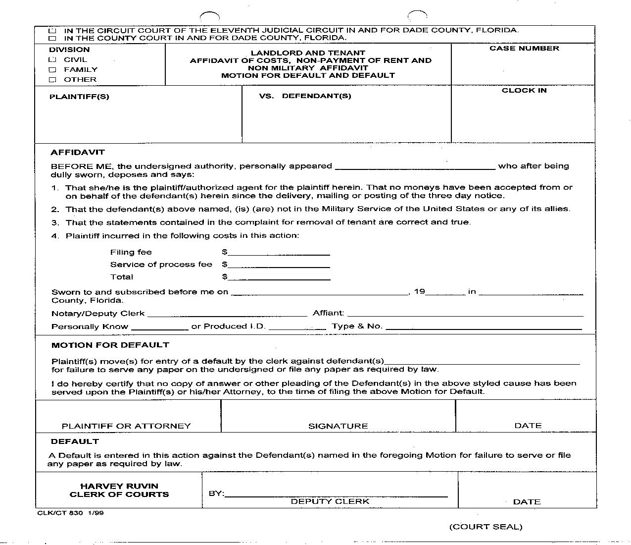 Landlord And Tenant Affidavit Of Costs Non-Payment Of Rent And Non Military Affidavit {830} | Pdf Fpdf Doc Docx | Florida