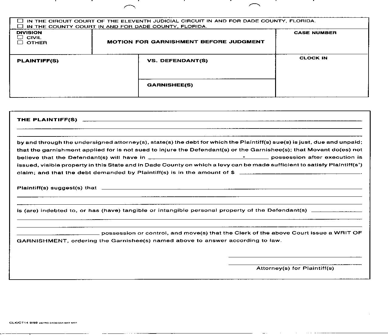Motion For Garnishment Before Judgment {14} | Pdf Fpdf Doc Docx | Florida