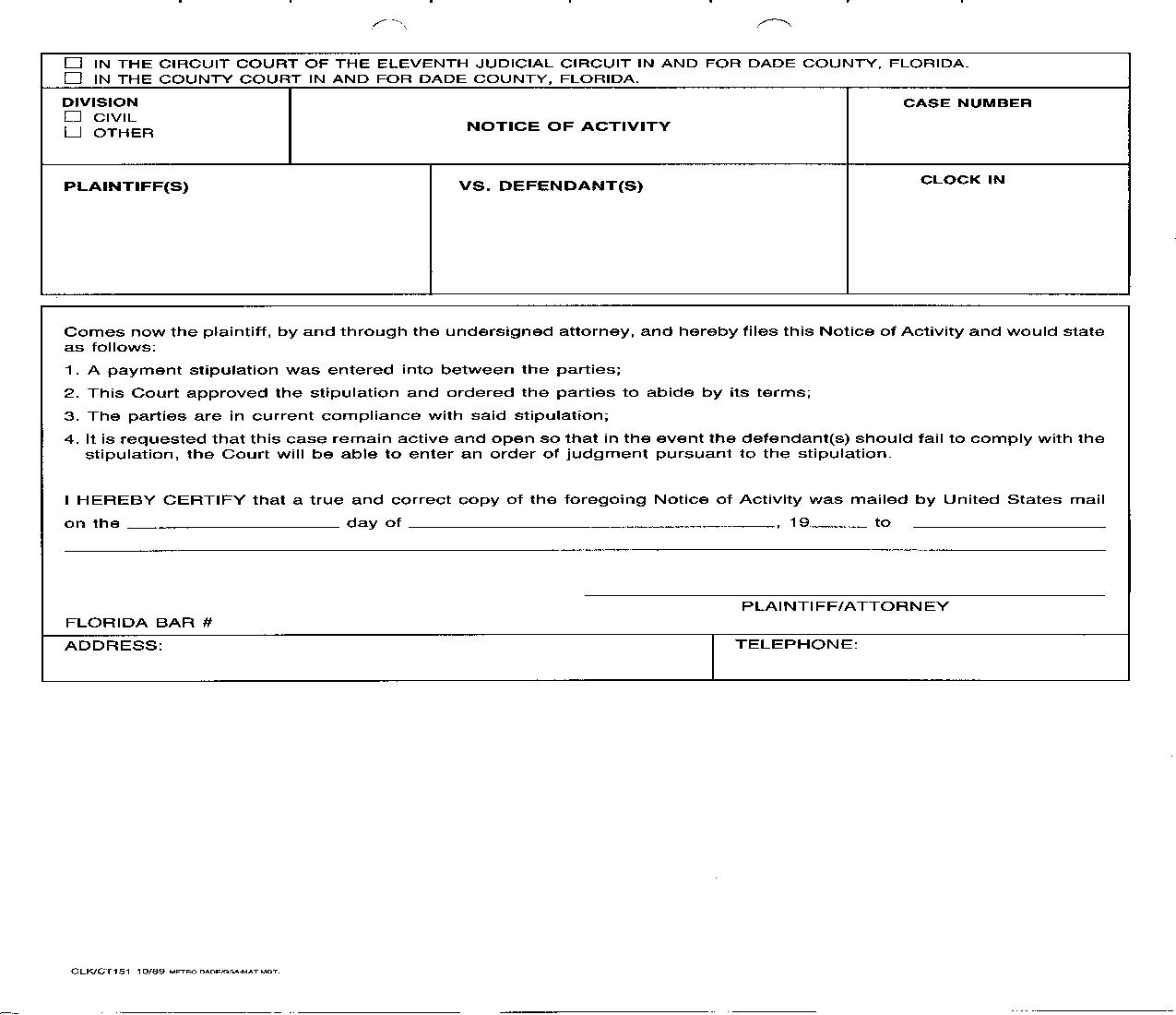 Notice Of Activity {151} | Pdf Fpdf Doc Docx | Florida