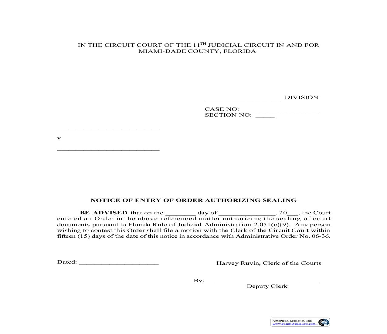 Notice Of Entry Of Order Authorizing Sealing | Pdf Fpdf Doc Docx | Florida
