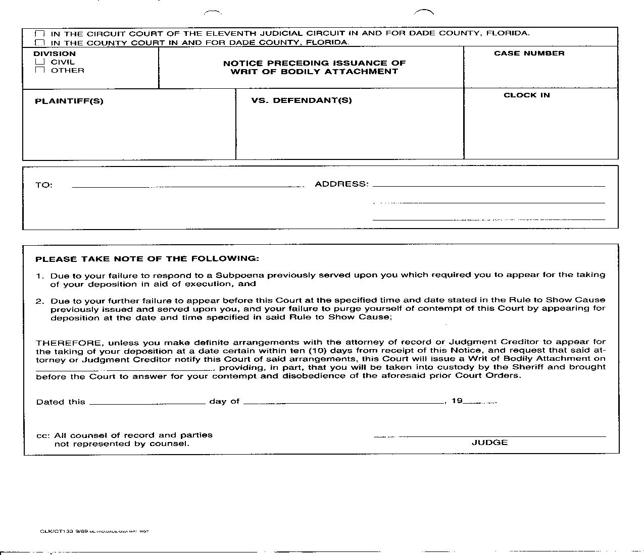 Notice Preceding Issuance Writ Bodily Attachment {133} | Pdf Fpdf Doc Docx | Florida