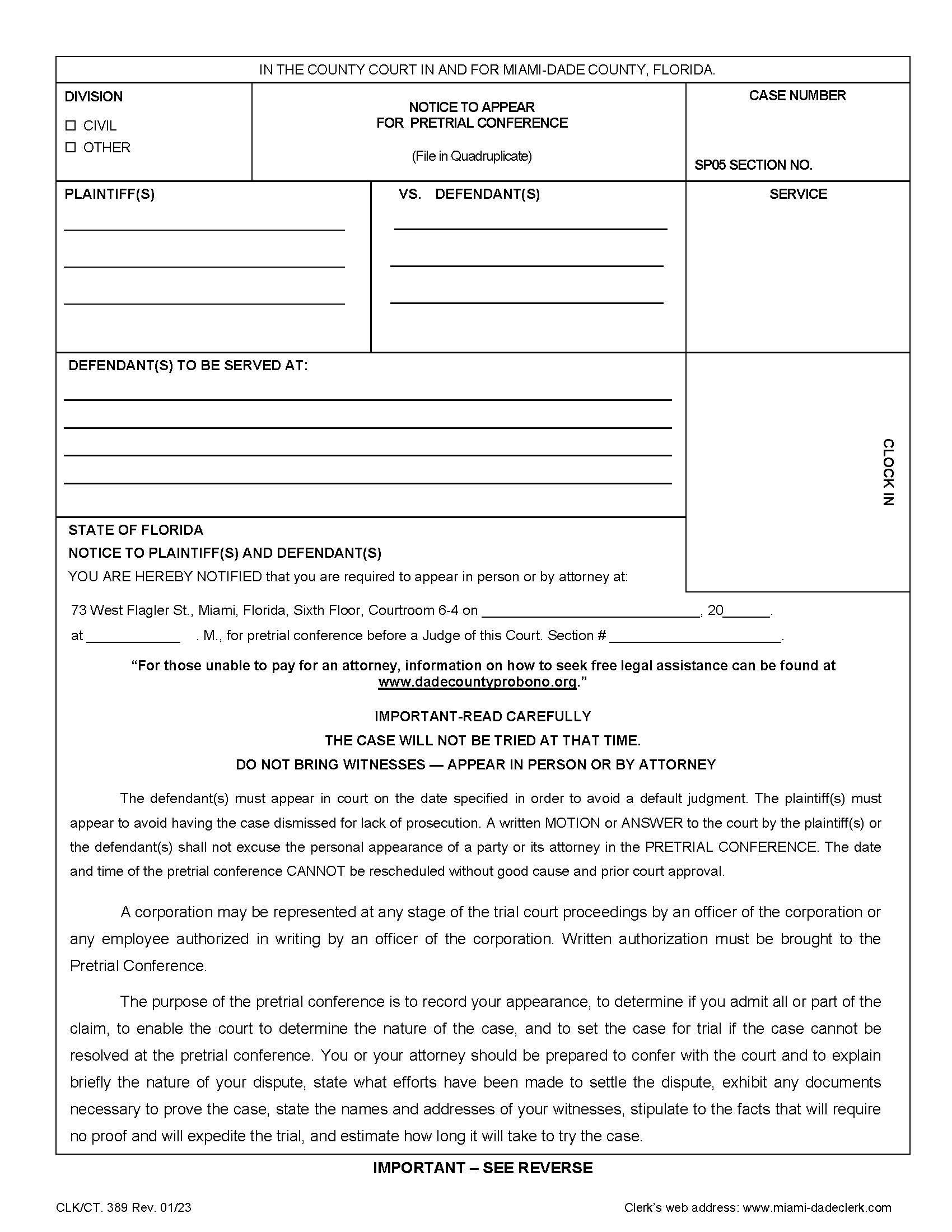 Notice To Appear For Pretrial Conference {389} | Pdf Fpdf Doc Docx | Florida
