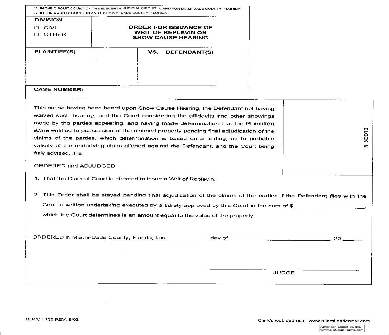 Order For Issuance Of Writ Of Replevin On Show Cause Hearing {136} | Pdf Fpdf Doc Docx | Florida