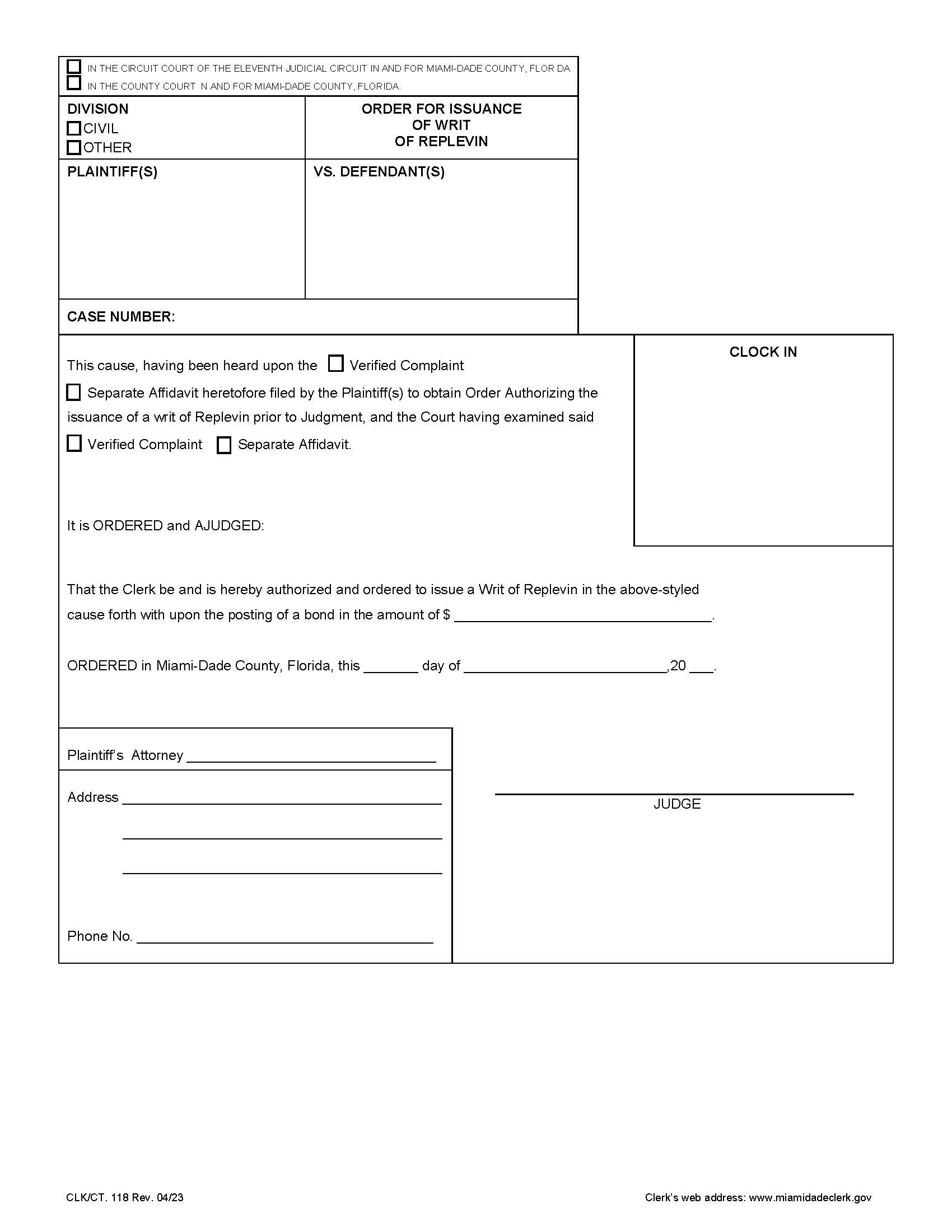 Order Of Issuance Of Writ Of Replevin {118} | Pdf Fpdf Doc Docx | Florida