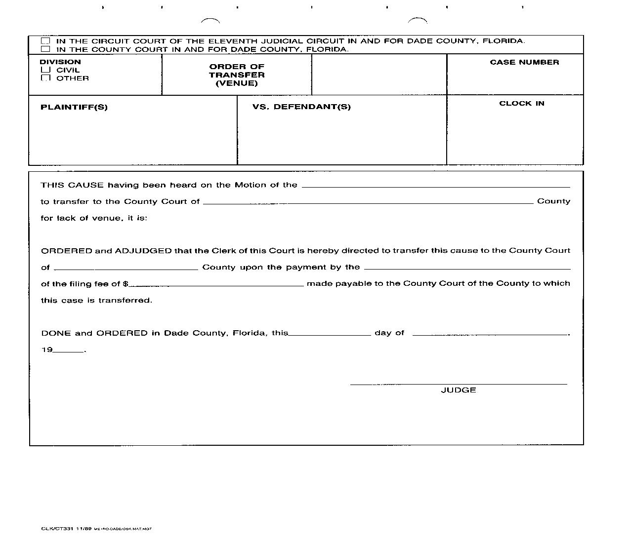 Order Of Transfer Venue {331} | Pdf Fpdf Doc Docx | Florida