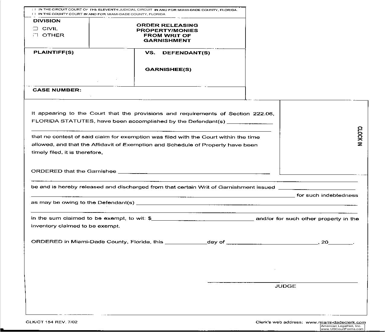 Order Releasing Property From Writ Of Garnishment {154} | Pdf Fpdf Doc Docx | Florida