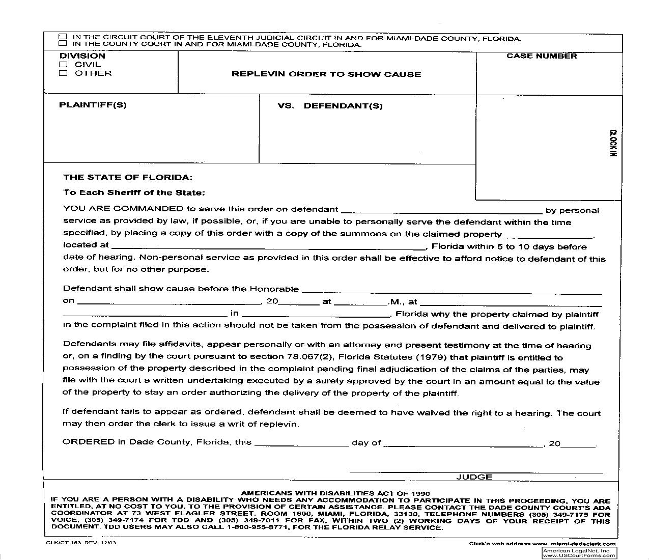 Replevin Order To Show Cause {153} | Pdf Fpdf Doc Docx | Florida