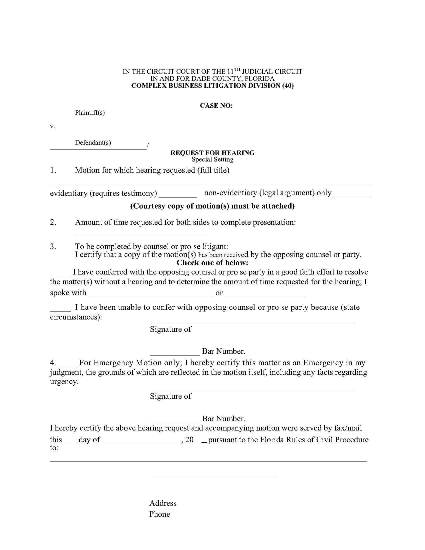 Request For Hearing (Special Setting- Complex Business Litigation) | Pdf Fpdf Doc Docx | Florida