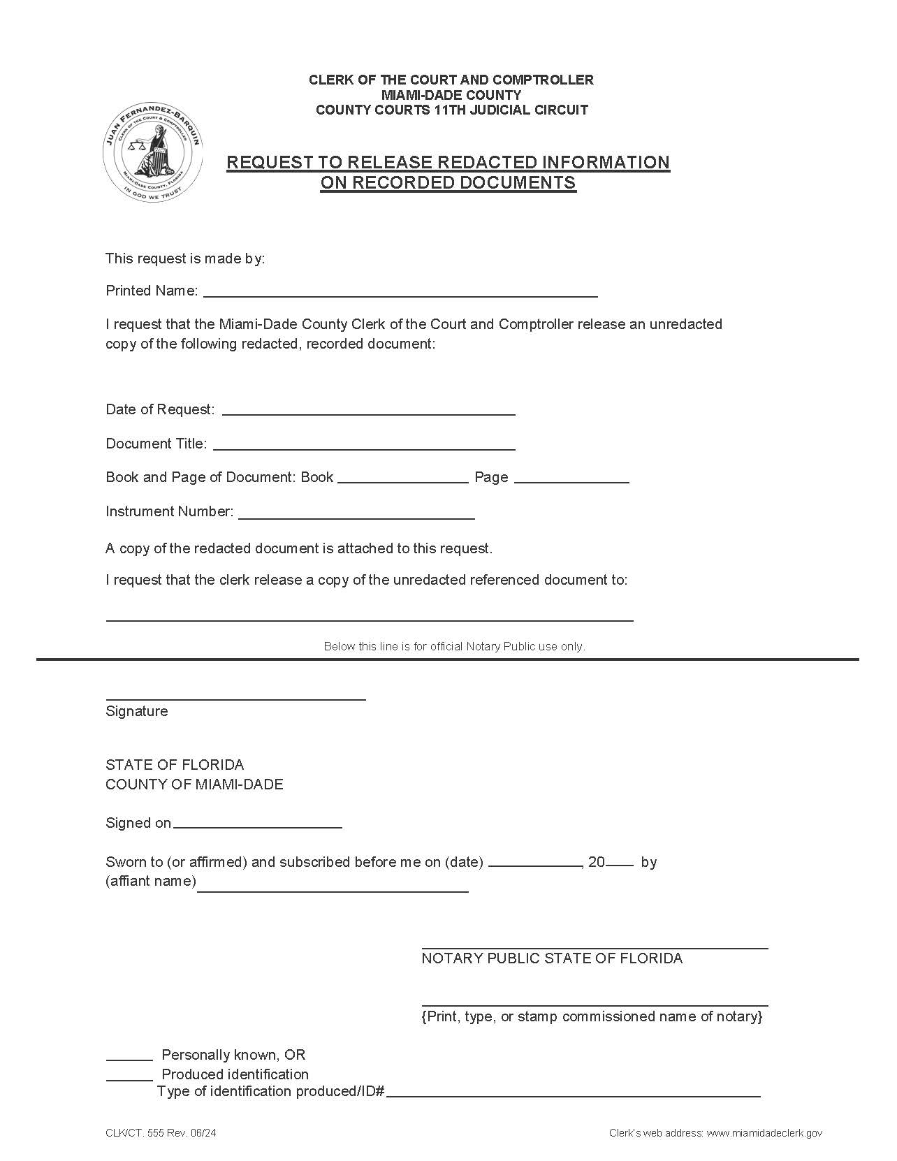 Request To Release Redacted Information On Recorded Documents {555} | Pdf Fpdf Docx | Florida