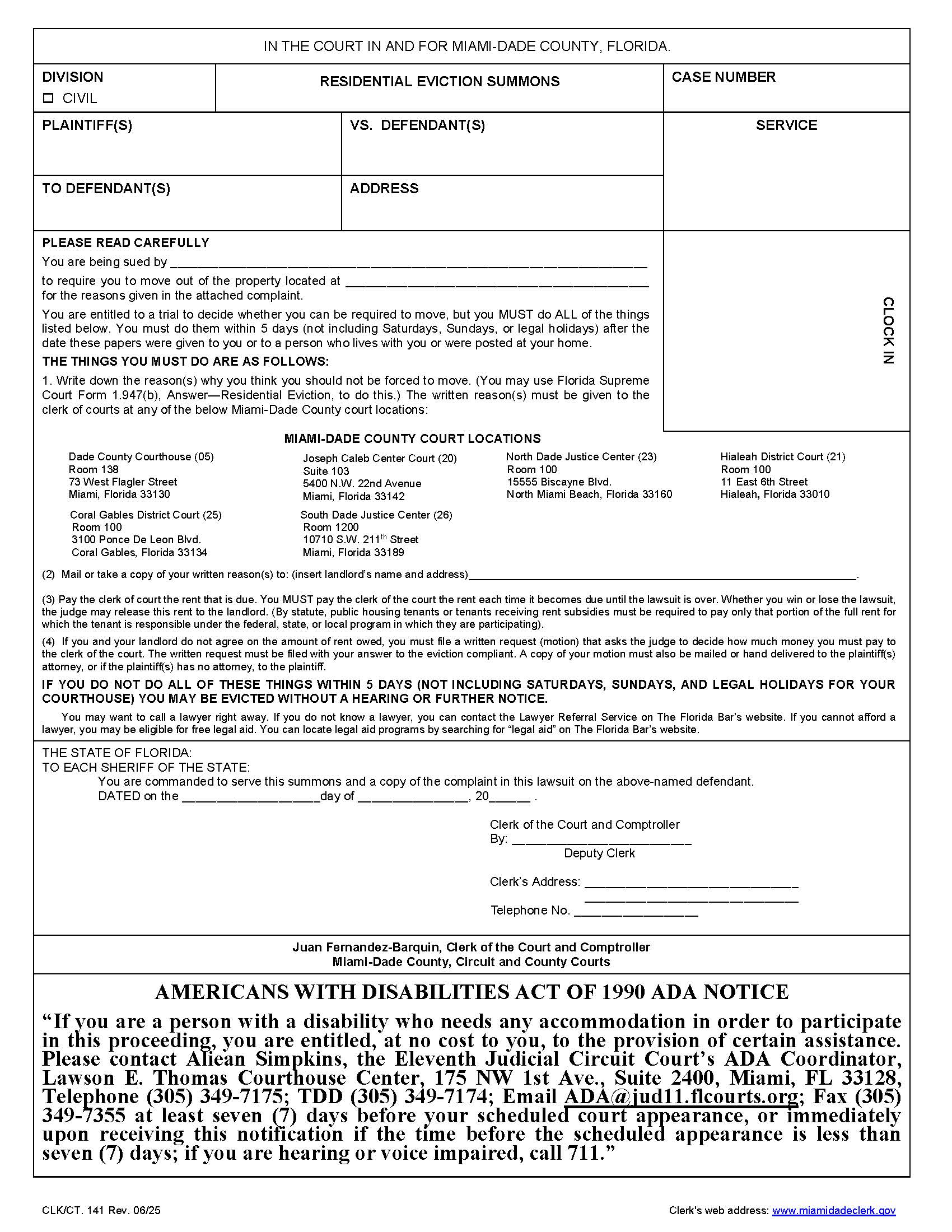 Residential Eviction Summons {141} | Pdf Fpdf Docx | Florida