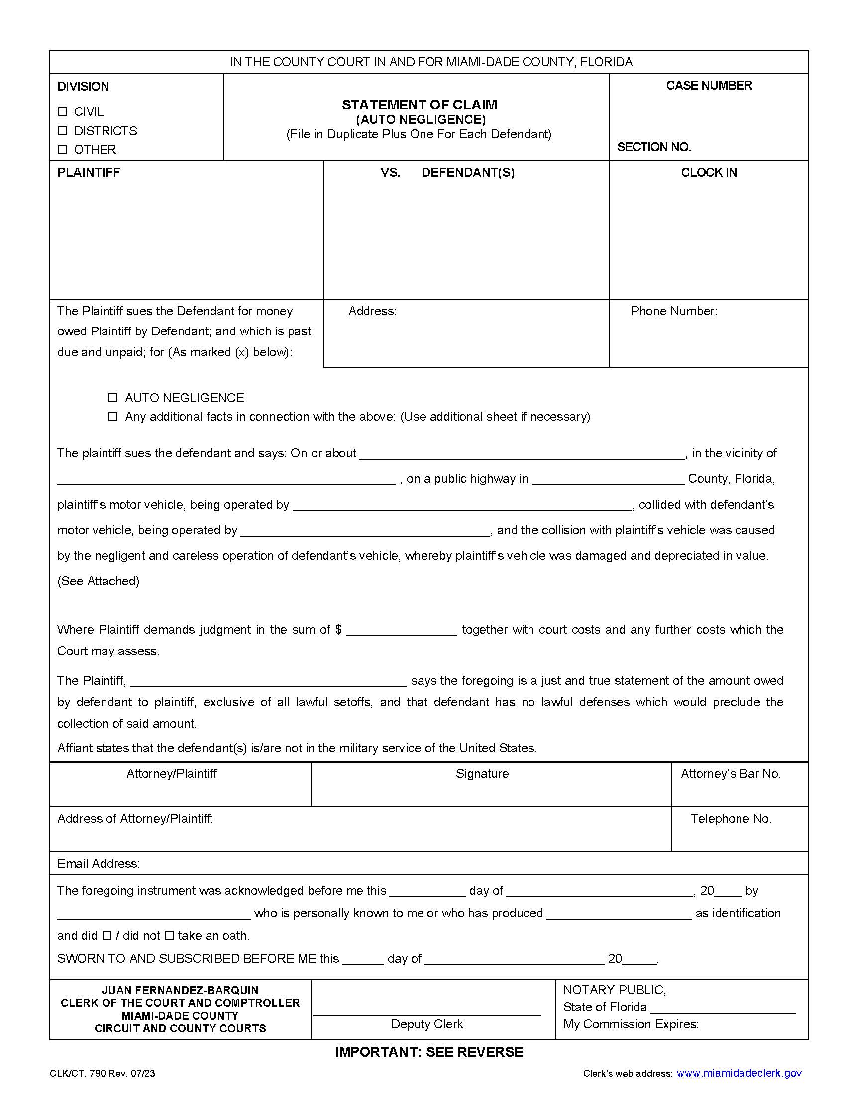 Statement Of Claim (Auto Negligence) {790} | Pdf Fpdf Docx | Florida