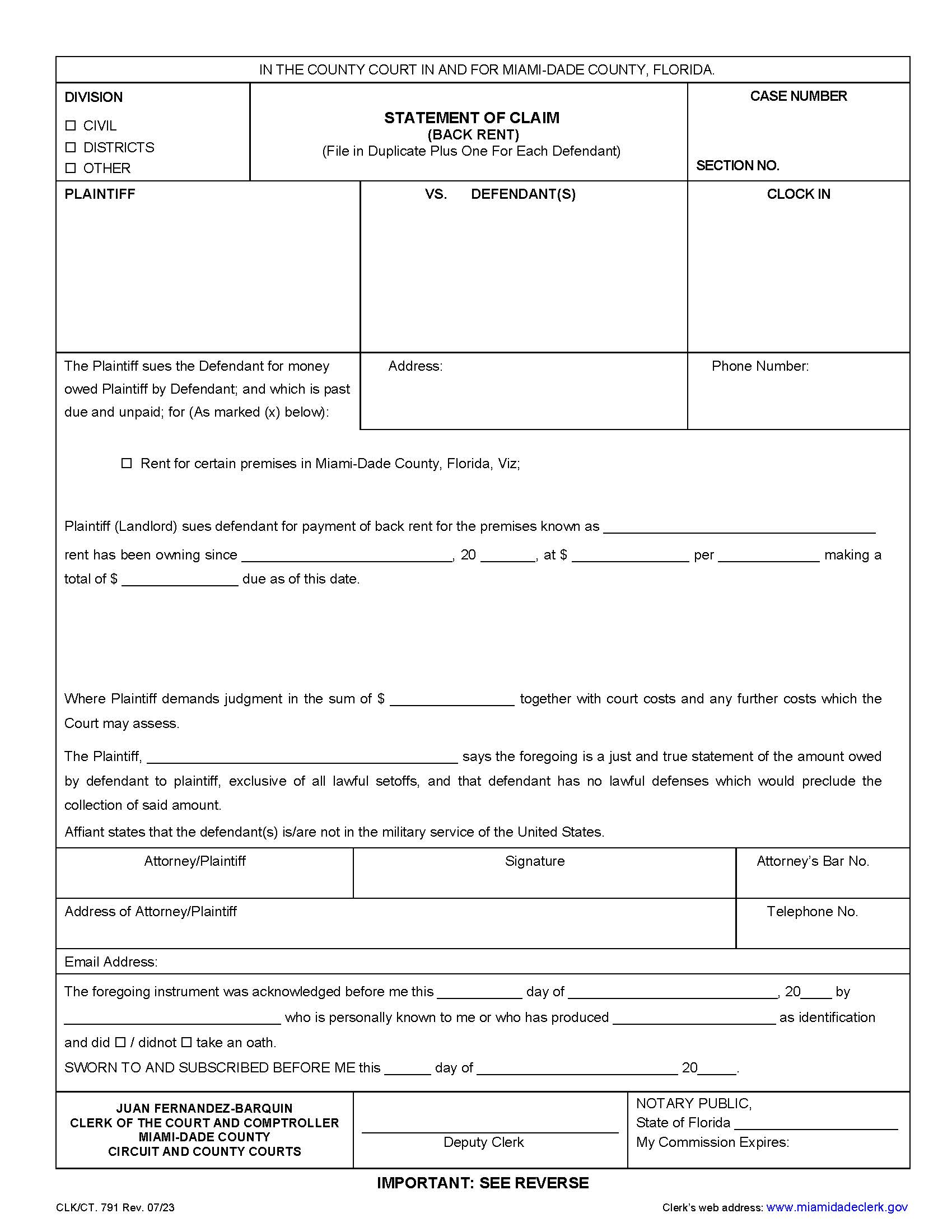 Statement Of Claim (Back Rent) {791} | Pdf Fpdf Doc Docx | Florida