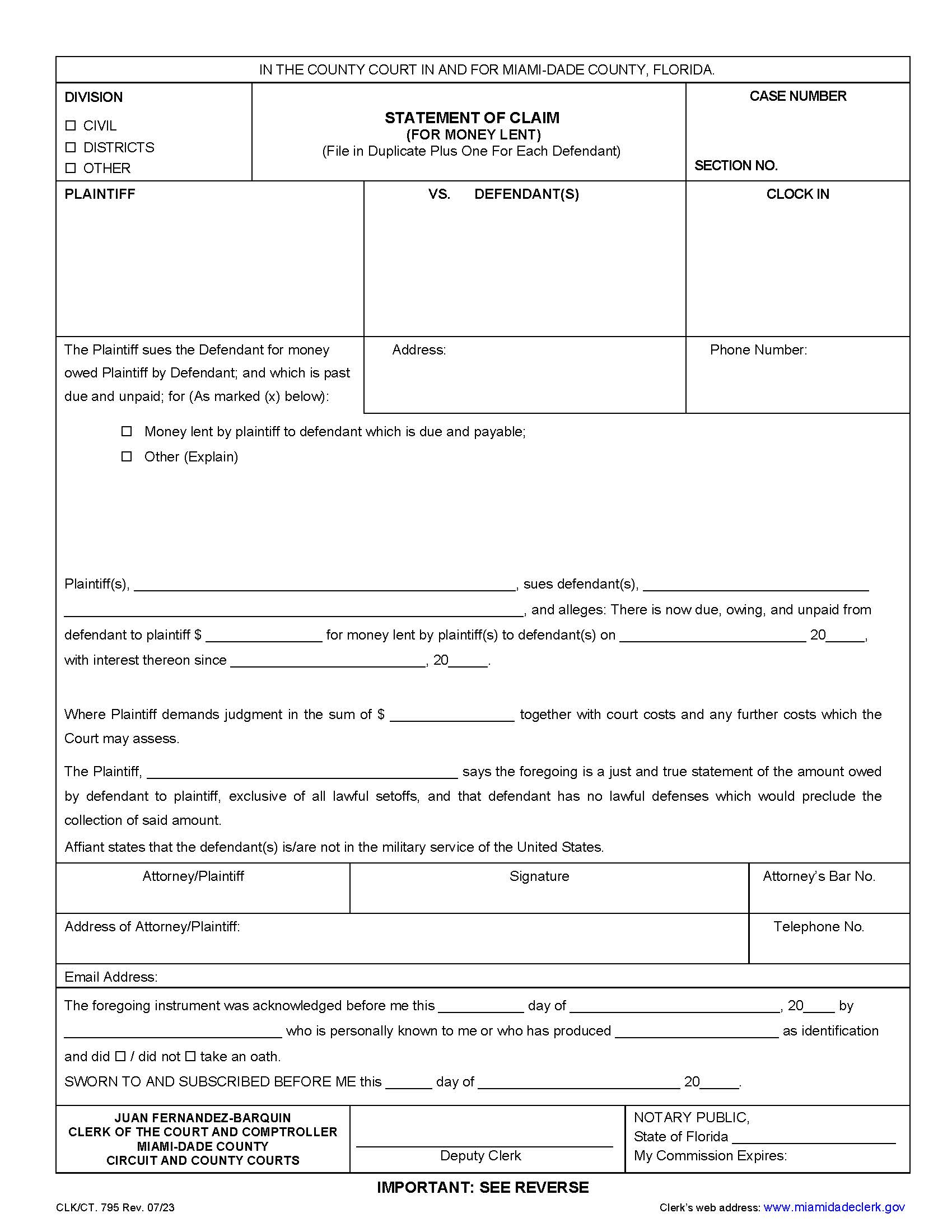 Statement Of Claim (For Money Lent) {795} | Pdf Fpdf Doc Docx | Florida