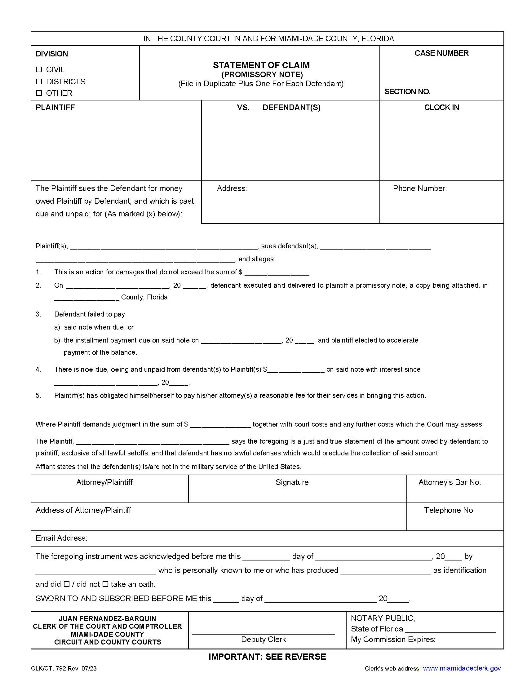 Statement Of Claim (Promissory Note) {792} | Pdf Fpdf Doc Docx | Florida