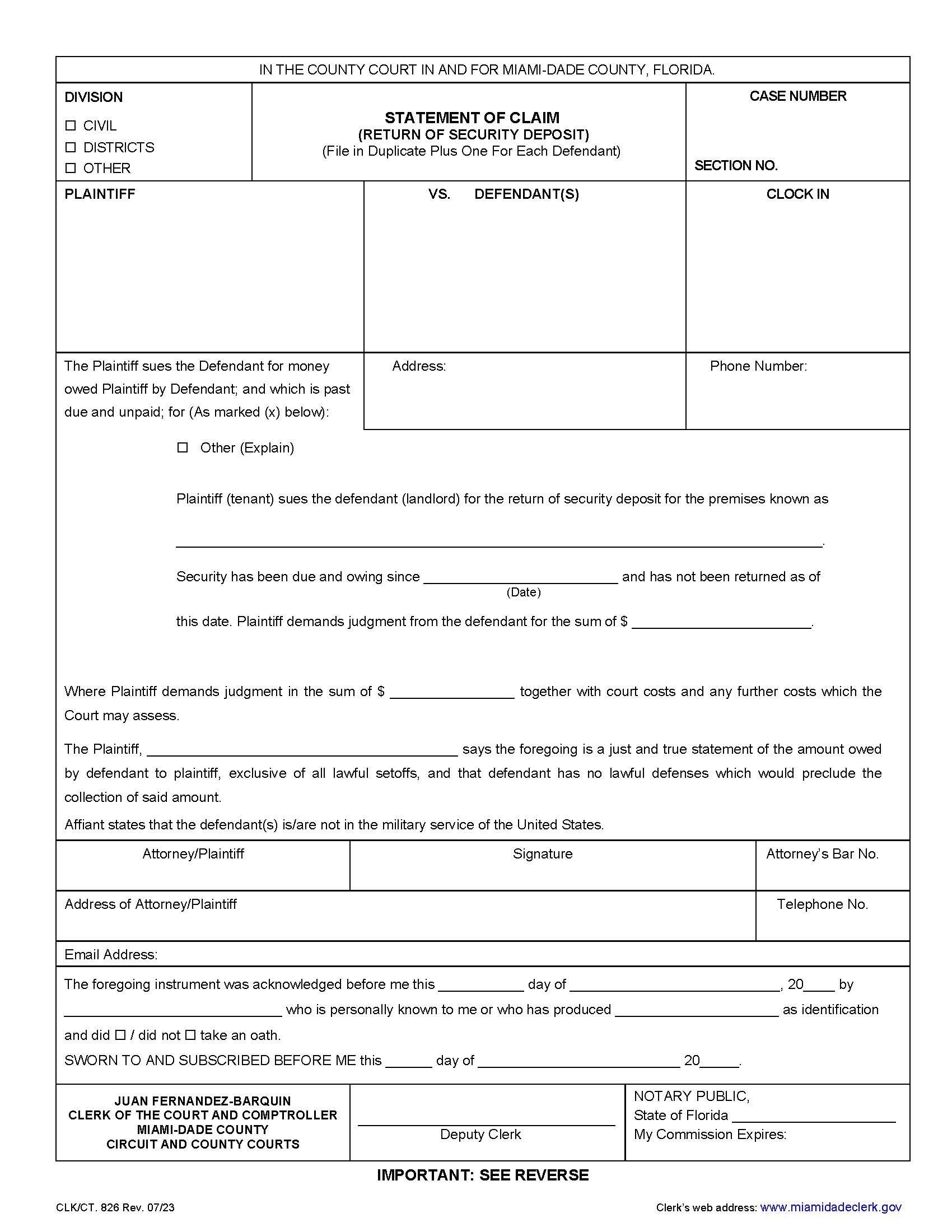 Statement Of Claim (Return Of Security Deposit) {826} | Pdf Fpdf Doc Docx | Florida