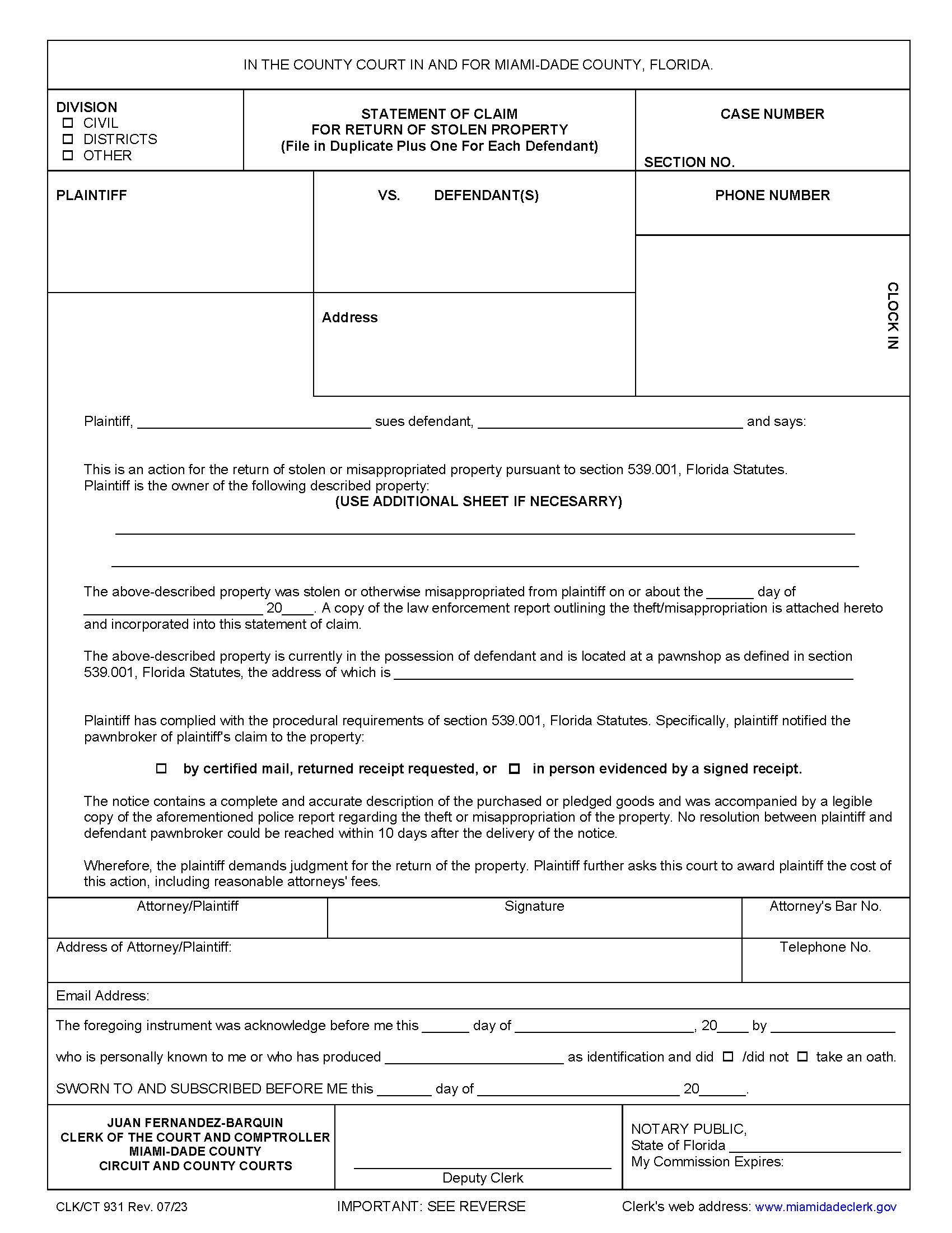 Statement Of Claim (Return Of Stolen Property) {931} | Pdf Fpdf Doc Docx | Florida