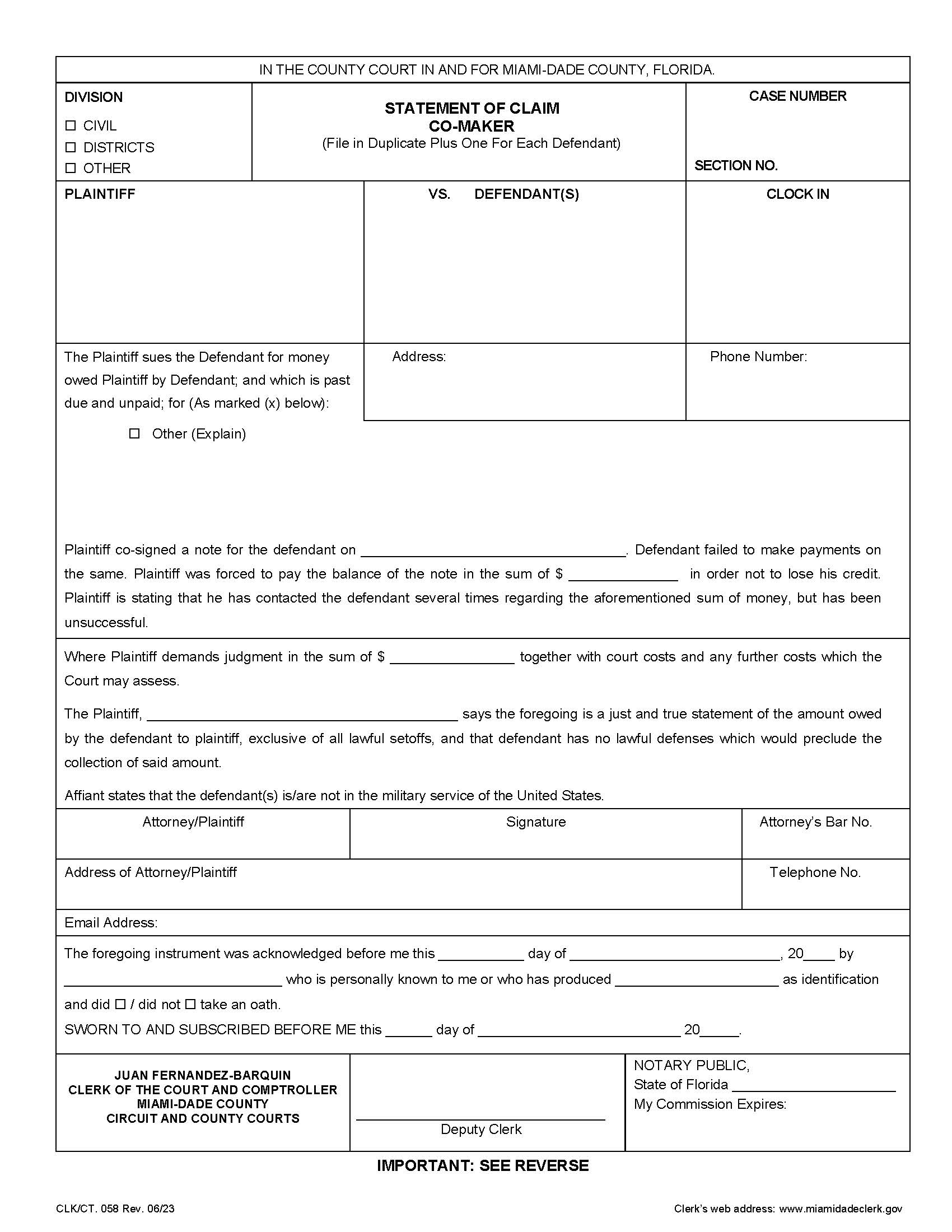 Statement Of Claim Co-Maker {058} | Pdf Fpdf Docx | Florida