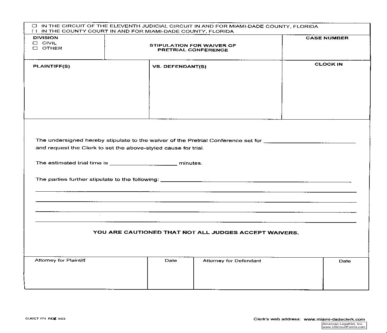 Stipulation Waiver Of Pretrial Conference {174} | Pdf Fpdf Doc Docx | Florida