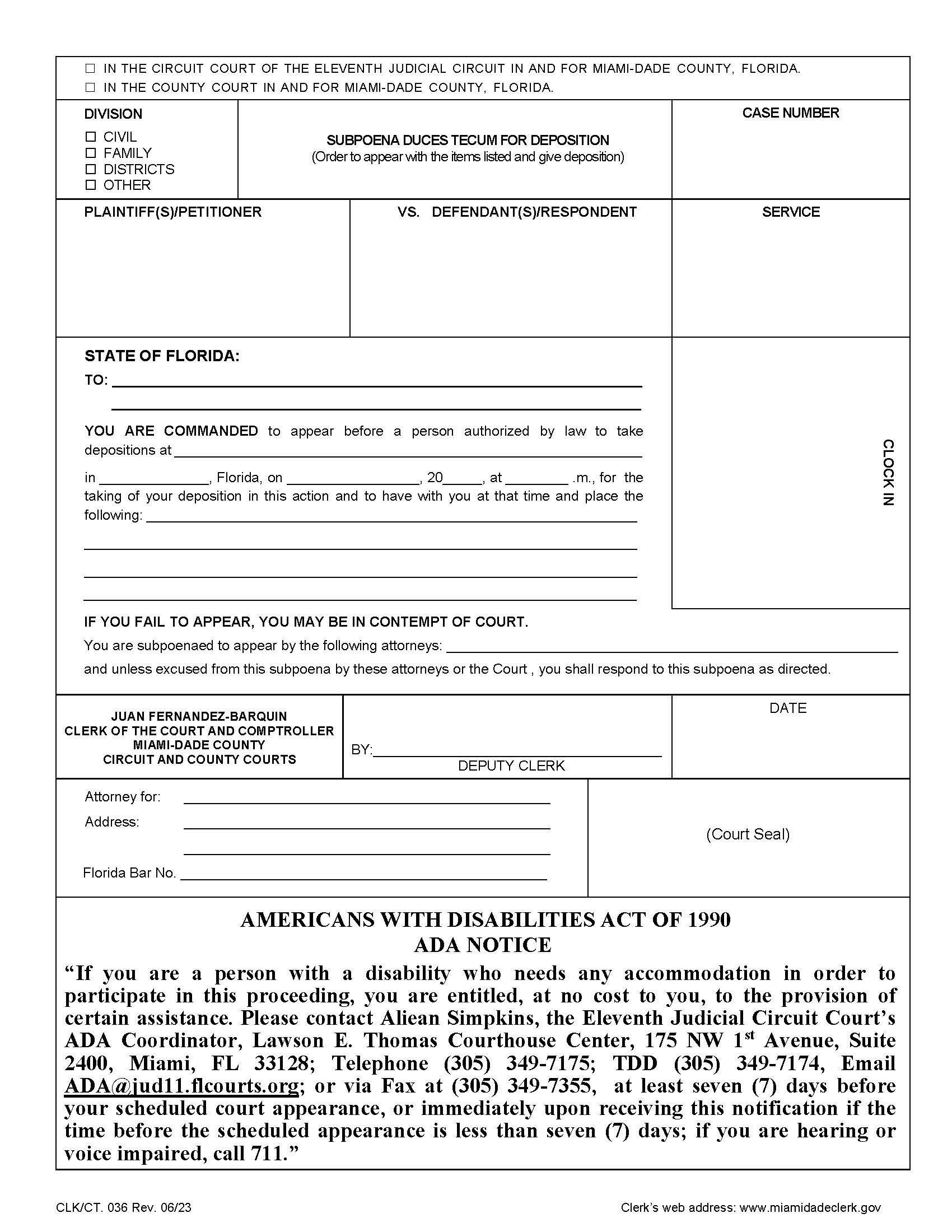 Subpoena Duces Tecum For Deposition {036} | Pdf Fpdf Doc Docx | Florida