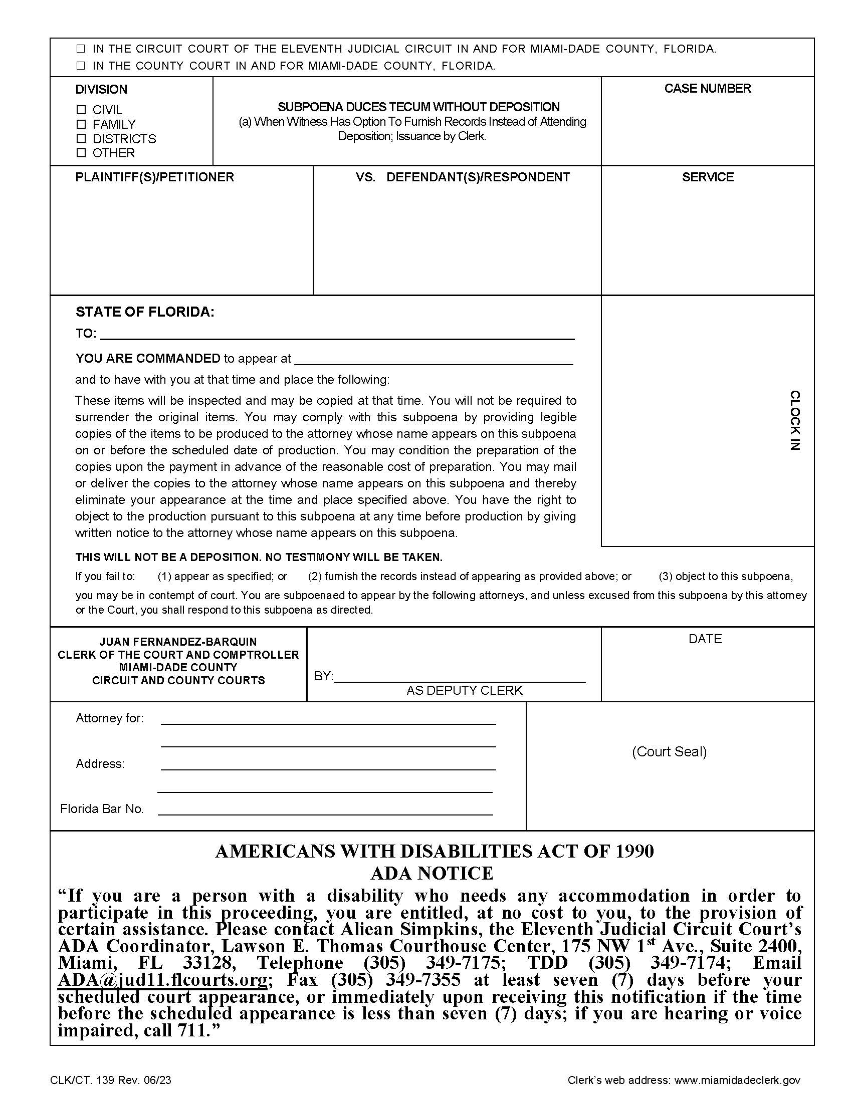 Subpoena Duces Tecum Without Deposition {139} | Pdf Fpdf Doc Docx | Florida