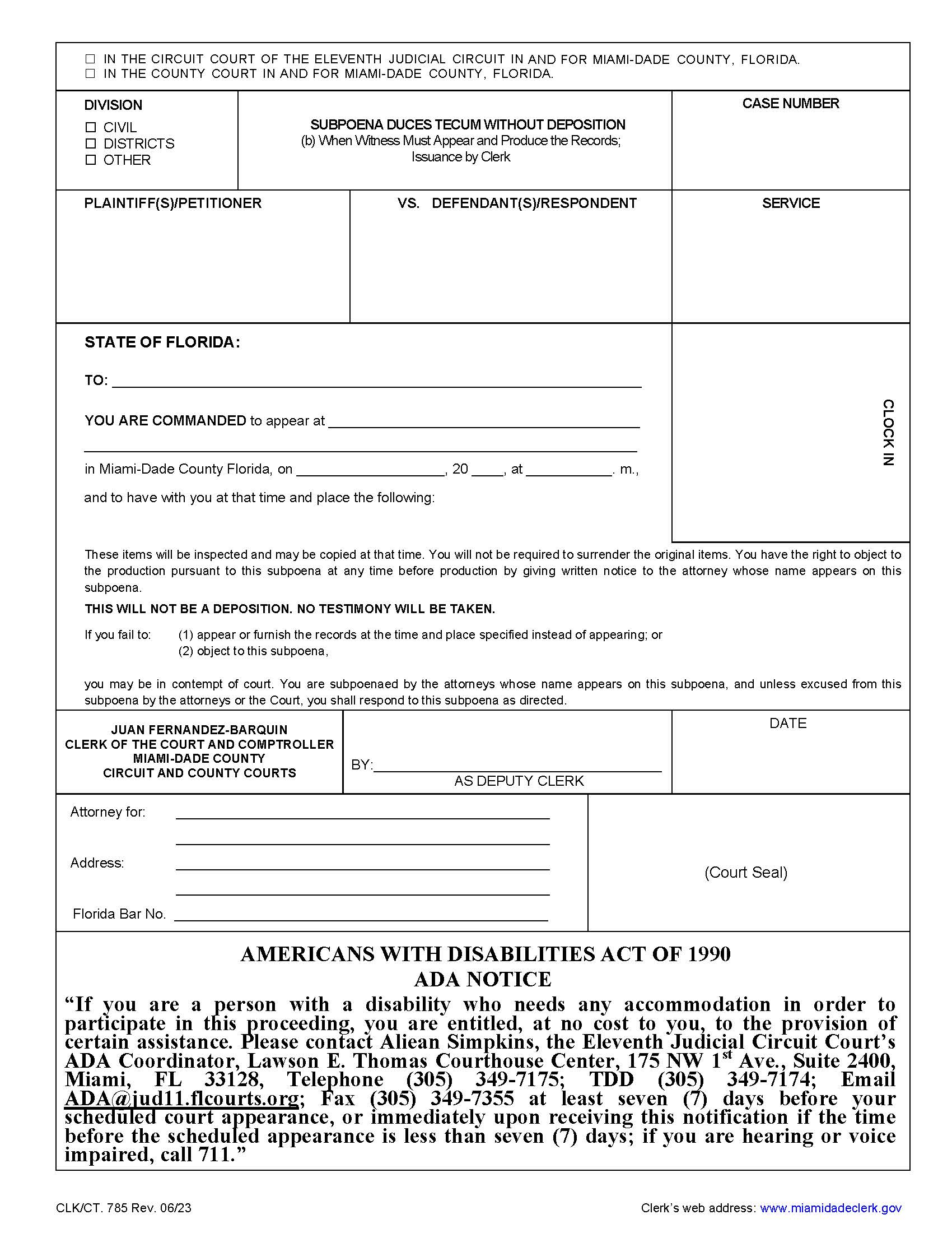 Subpoena Duces Tecum Without Deposition Witness Must Appear Produce Records {785} | Pdf Fpdf Doc Docx | Florida