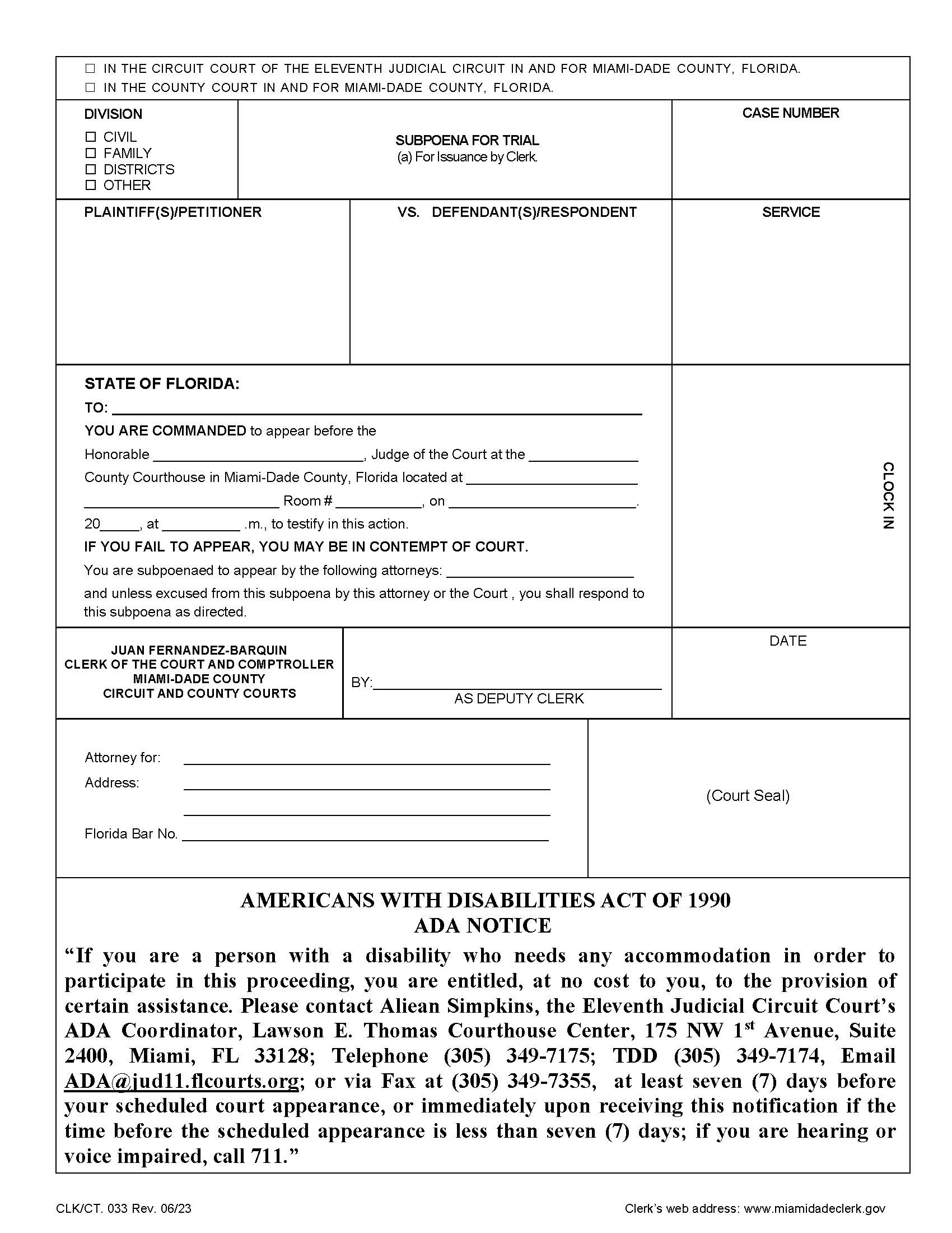 Subpoena For Trial {033} | Pdf Fpdf Doc Docx | Florida