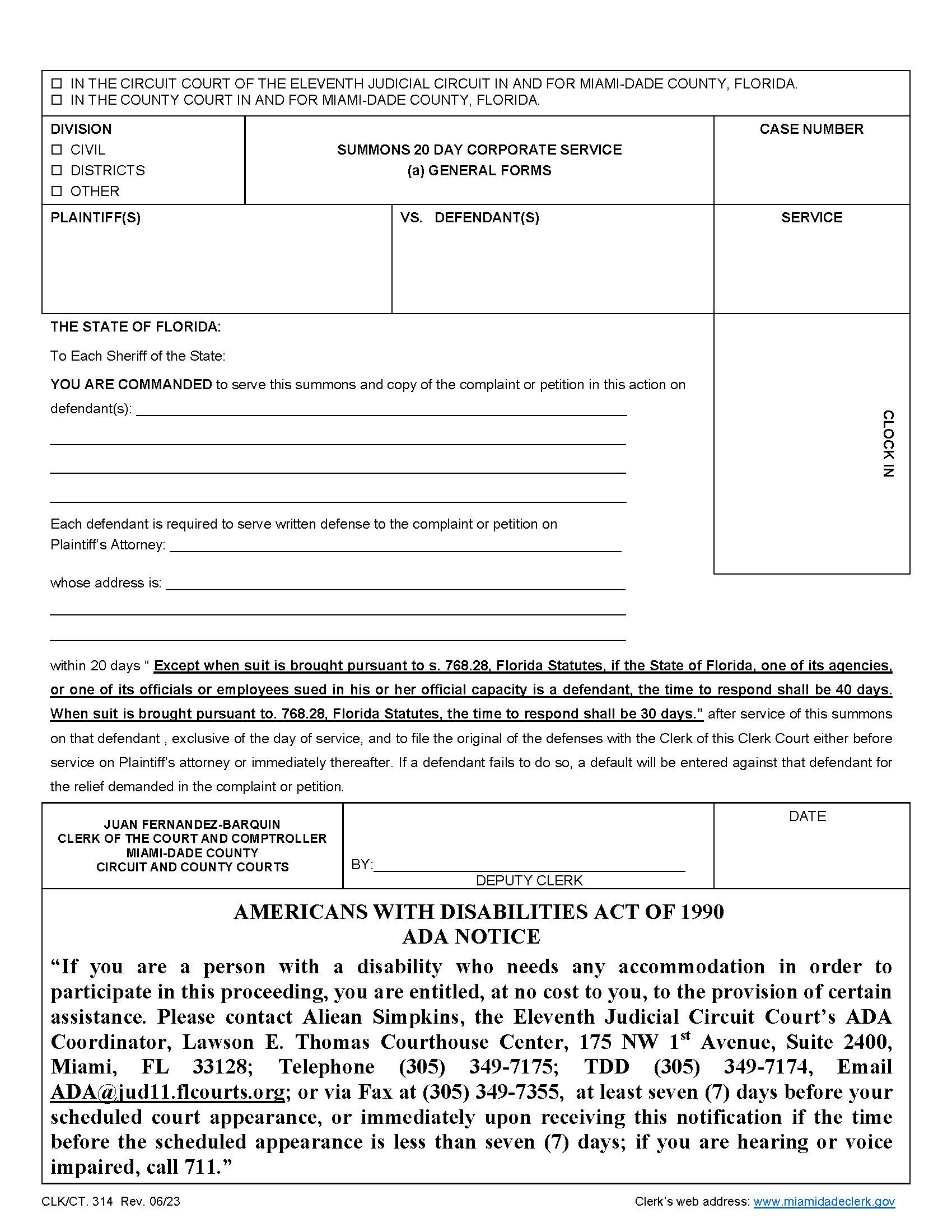 Summons 20 Day Corporate Service {314} | Pdf Fpdf Doc Docx | Florida