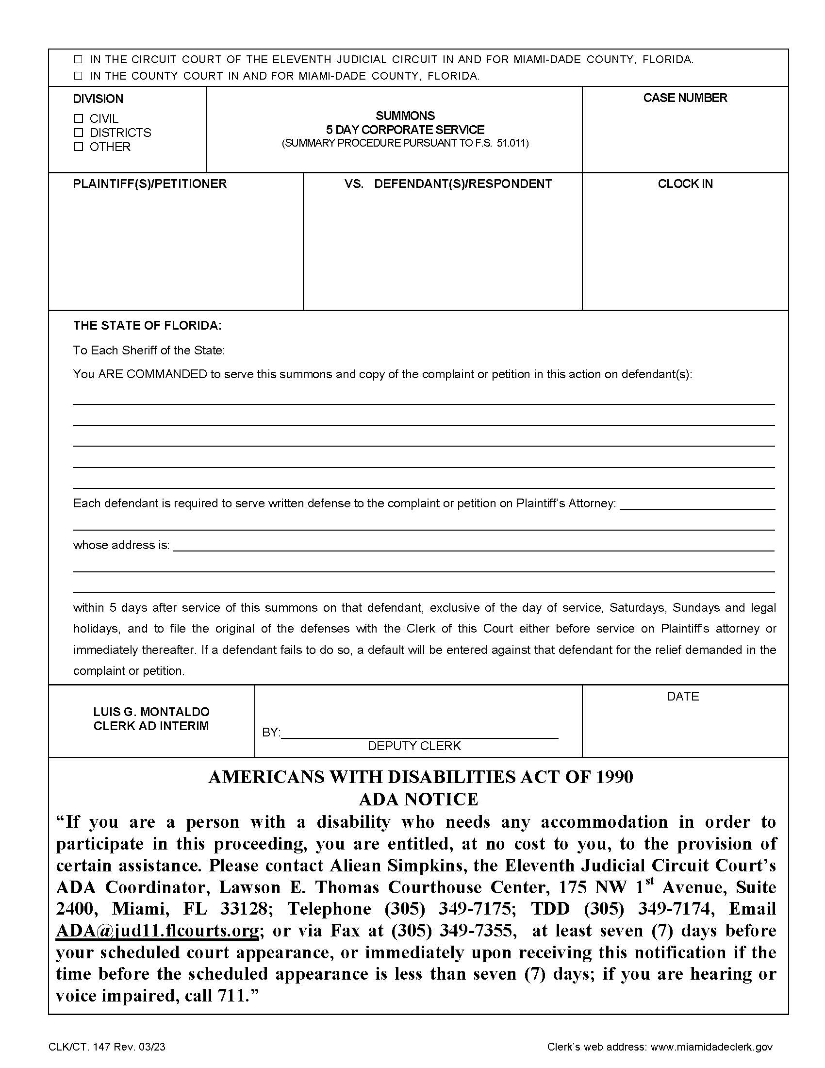 Summons 5 Day Corporate Service {147} | Pdf Fpdf Doc Docx | Florida