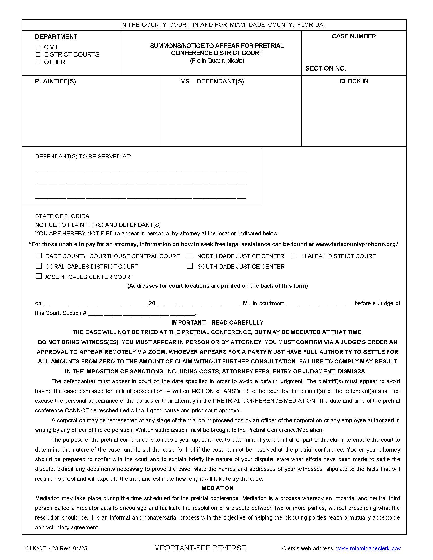Summons-Notice To Appear For Pretrial Conference District Court {423} | Pdf Fpdf Doc Docx | Florida