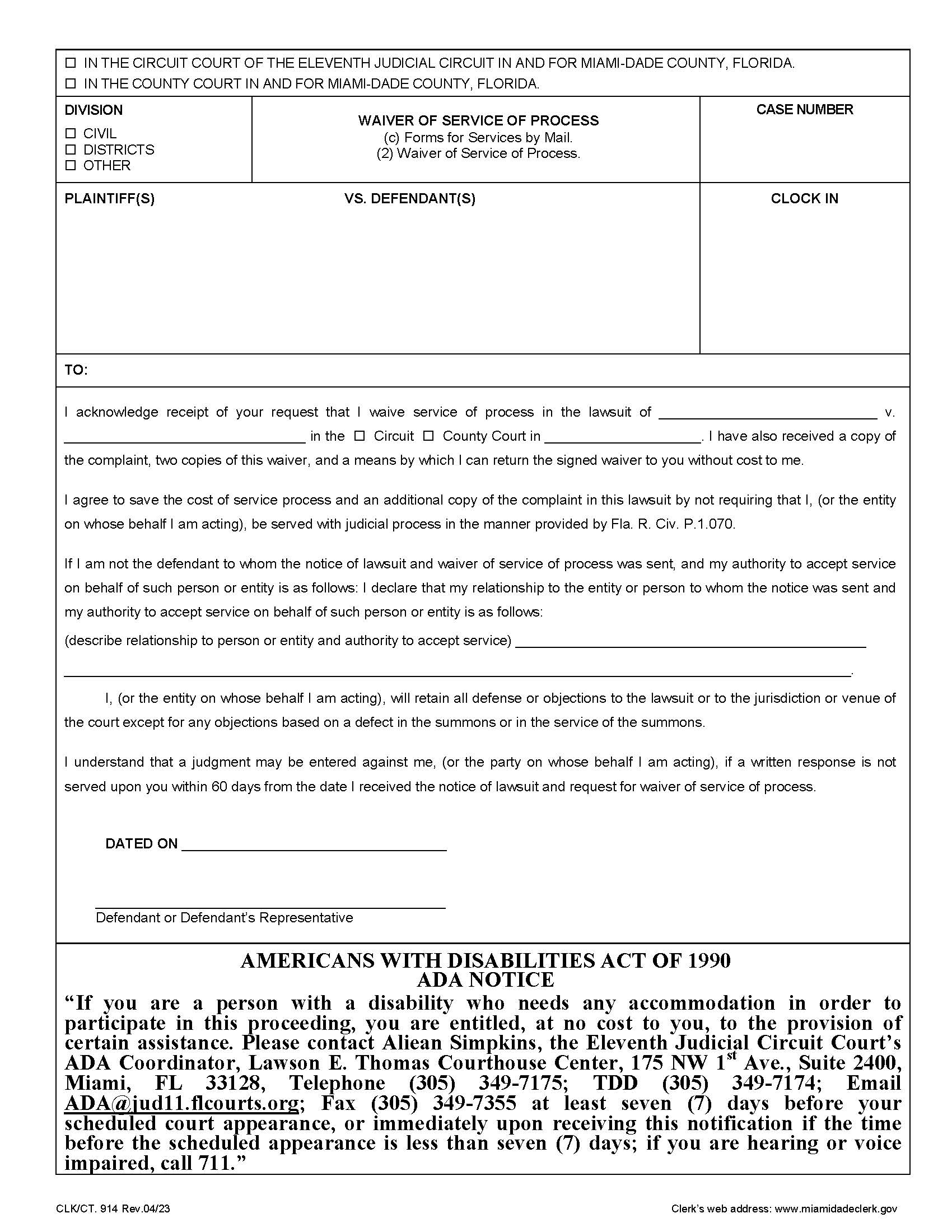 Waiver Of Service Of Process {914} | Pdf Fpdf Doc Docx | Florida