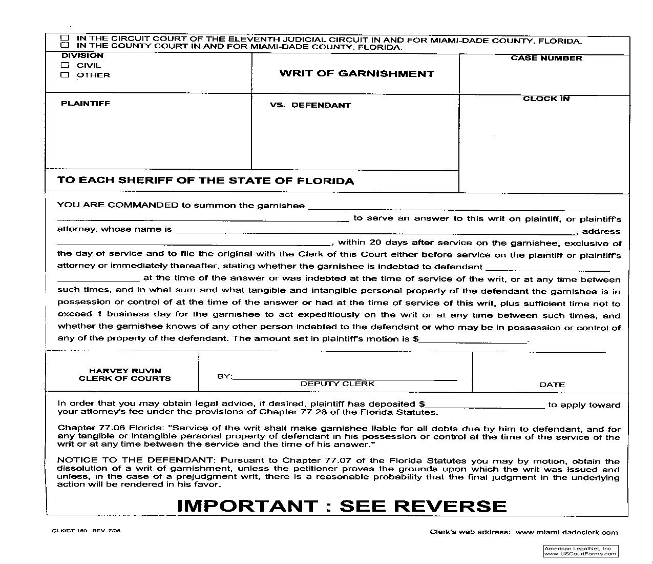 Writ Of Garnishment {180} | Pdf Fpdf Doc Docx | Florida