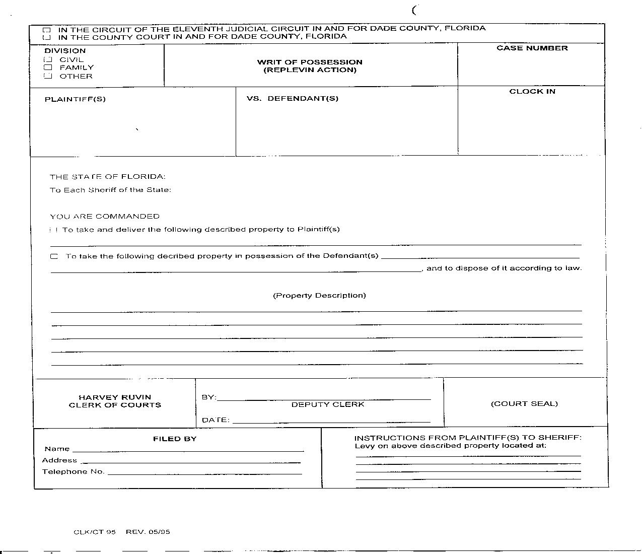 Writ Of Possession Replevin Action {95} | Pdf Fpdf Doc Docx | Florida