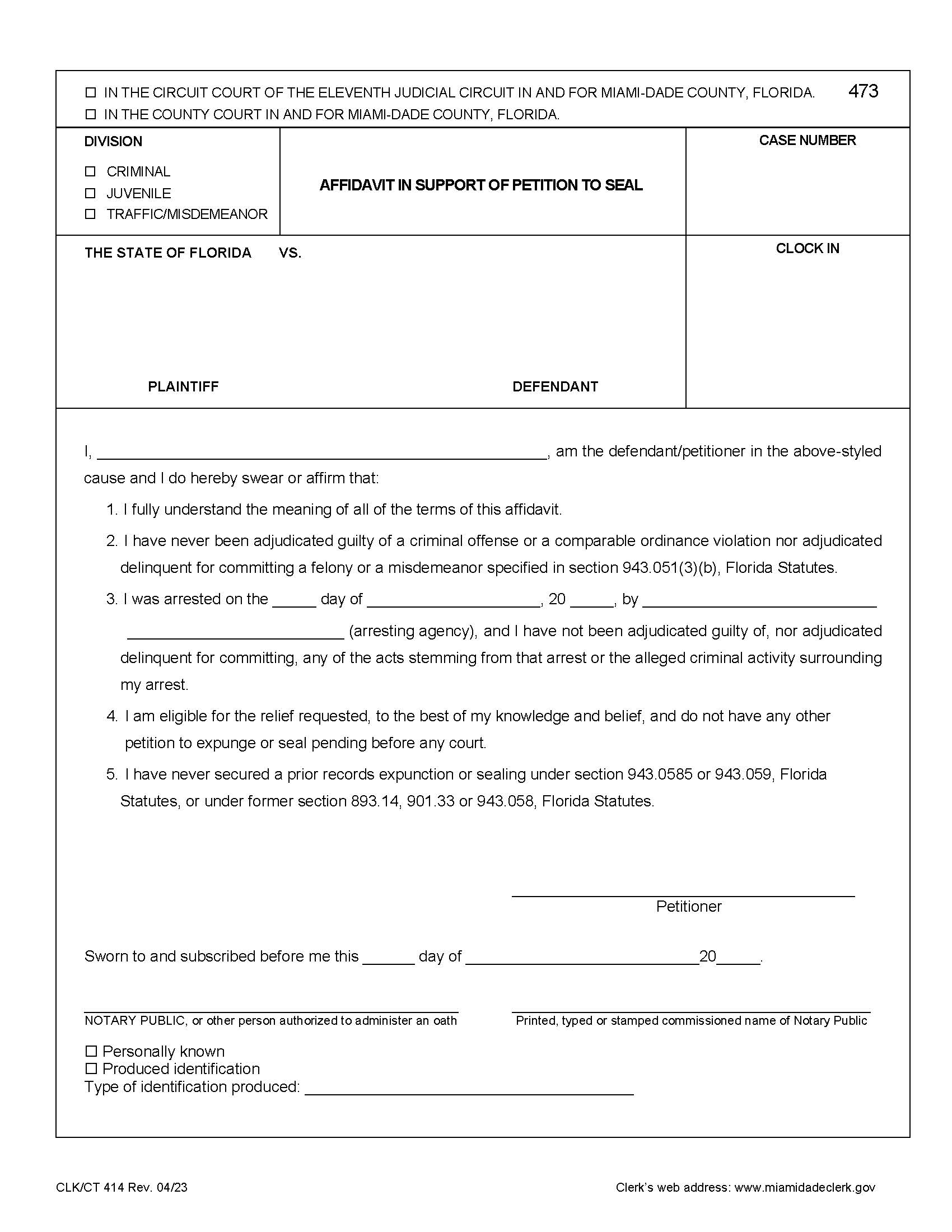 AffIdavit Of Support Of Petition To Seal {414} | Pdf Fpdf Doc Docx | Florida