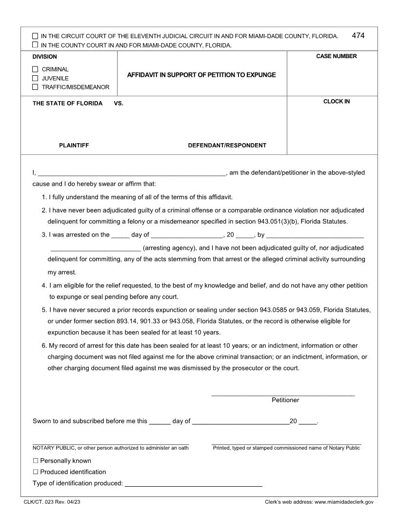 Affidavit In Support Of Petition To Expunge {023} | Pdf Fpdf Doc Docx | Florida