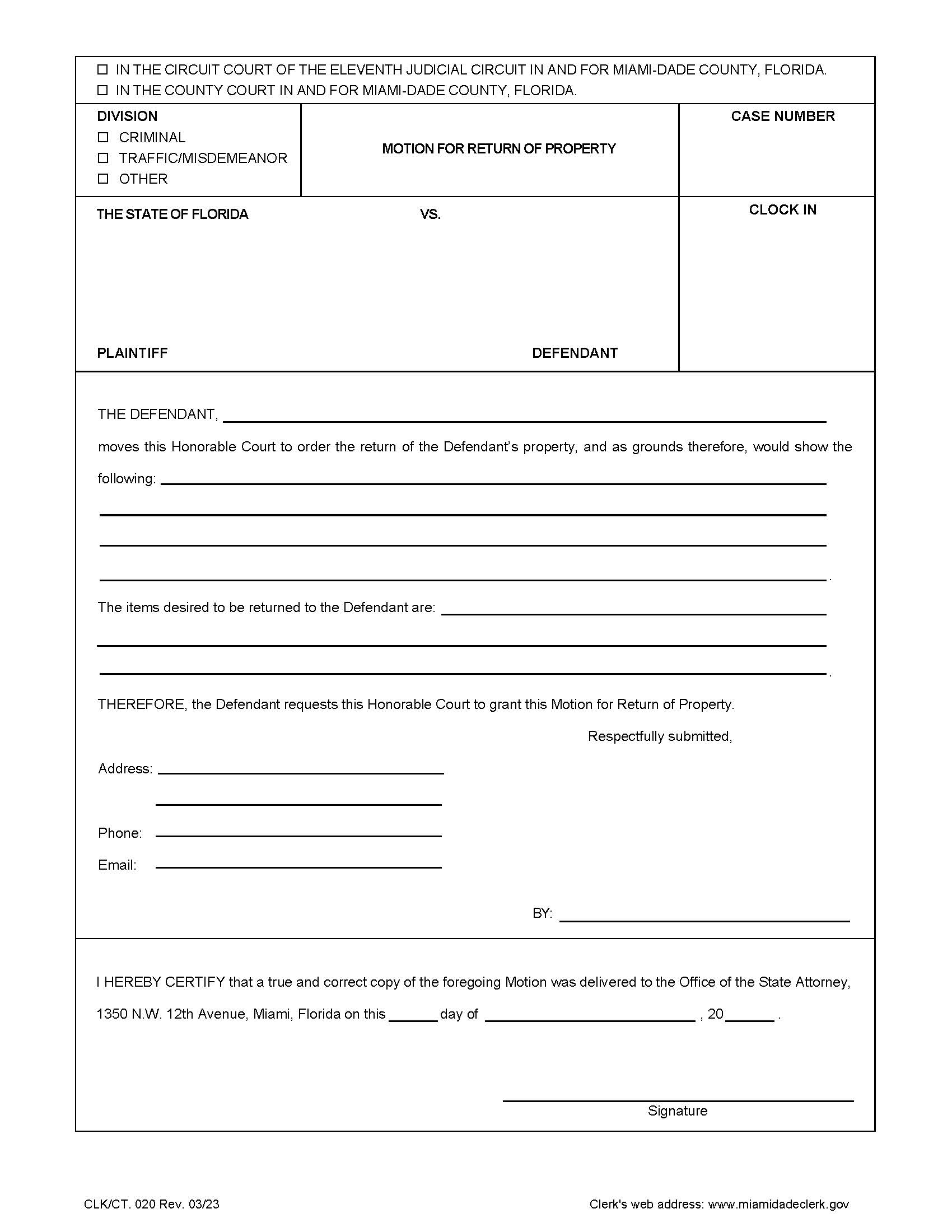 Motion For Return Of Property {020} | Pdf Fpdf Doc Docx | Florida