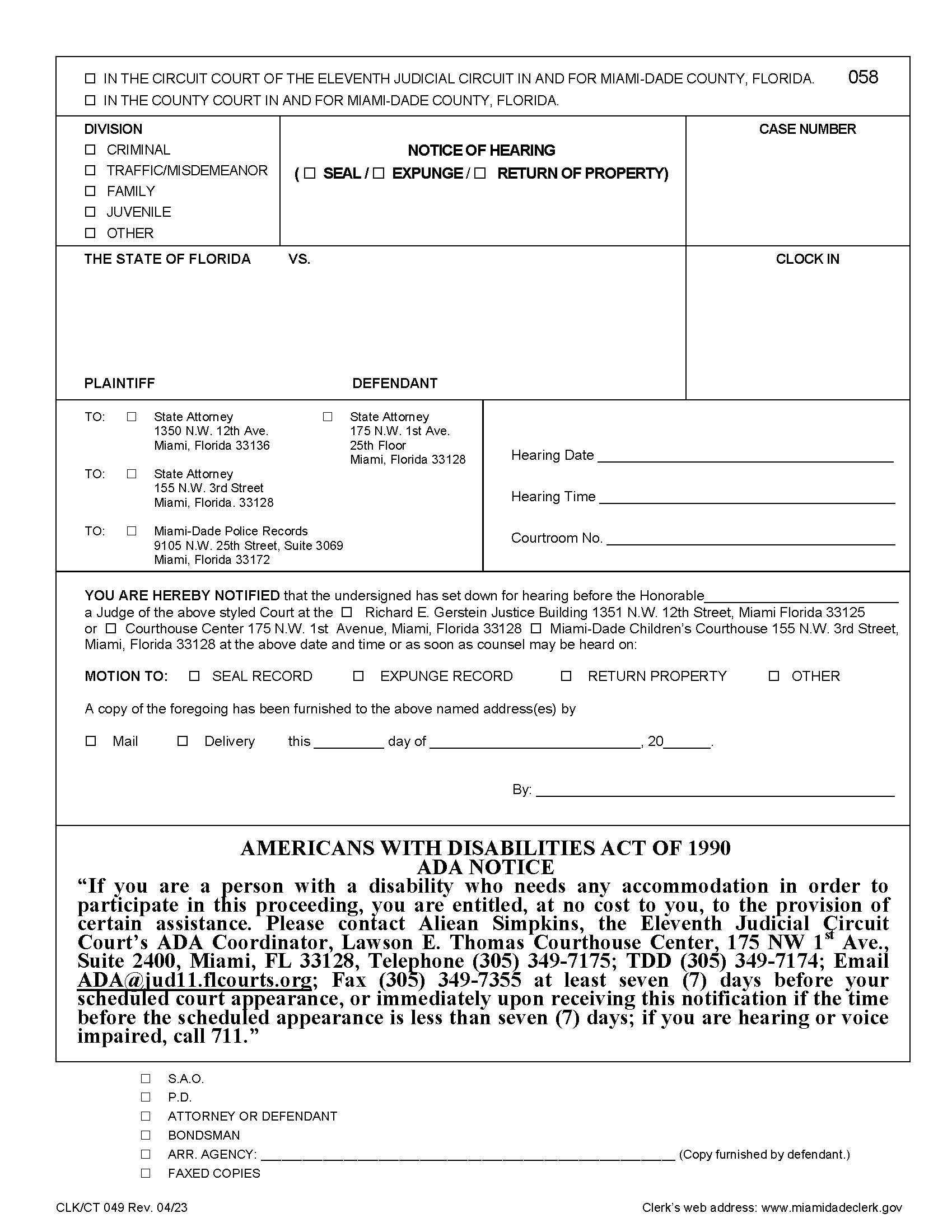 Notice Of Hearing (Seal-Expunge-Return Of Property) {049} | Pdf Fpdf Docx | Florida