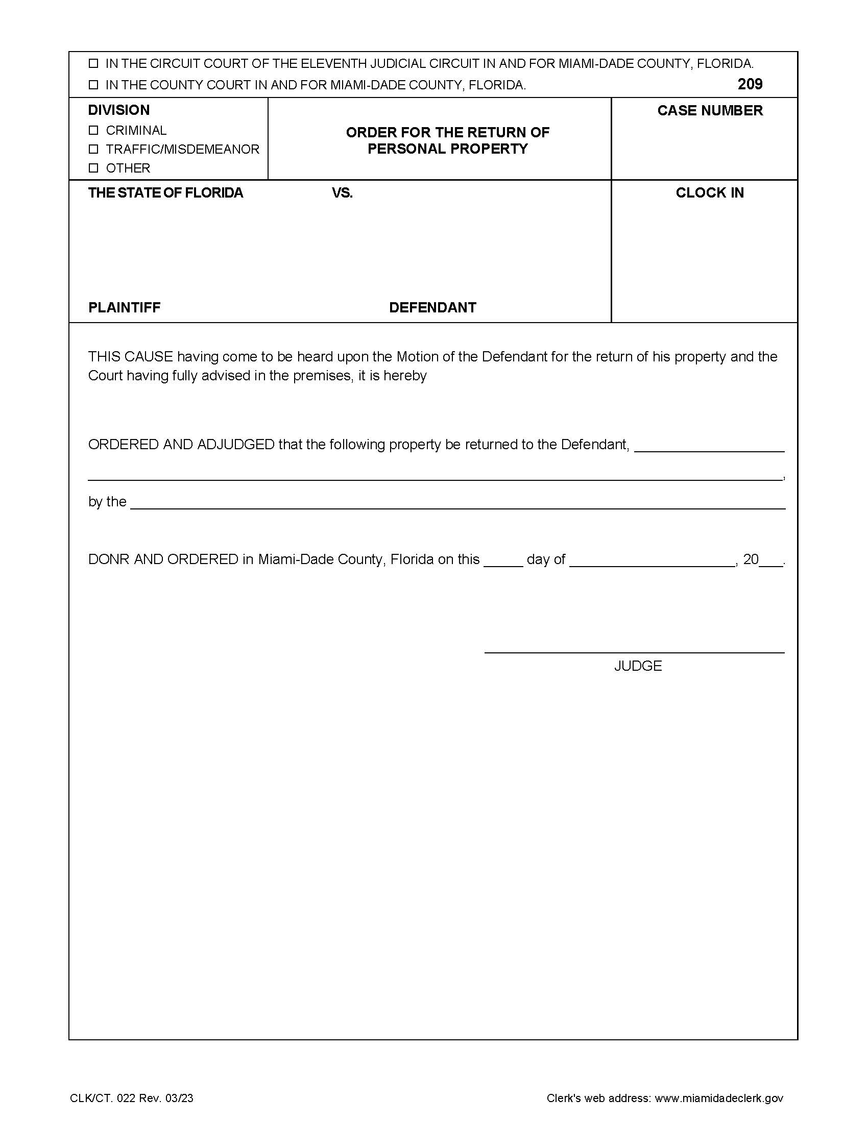 Order For Return Of Personal Property (022} | Pdf Fpdf Doc Docx | Florida