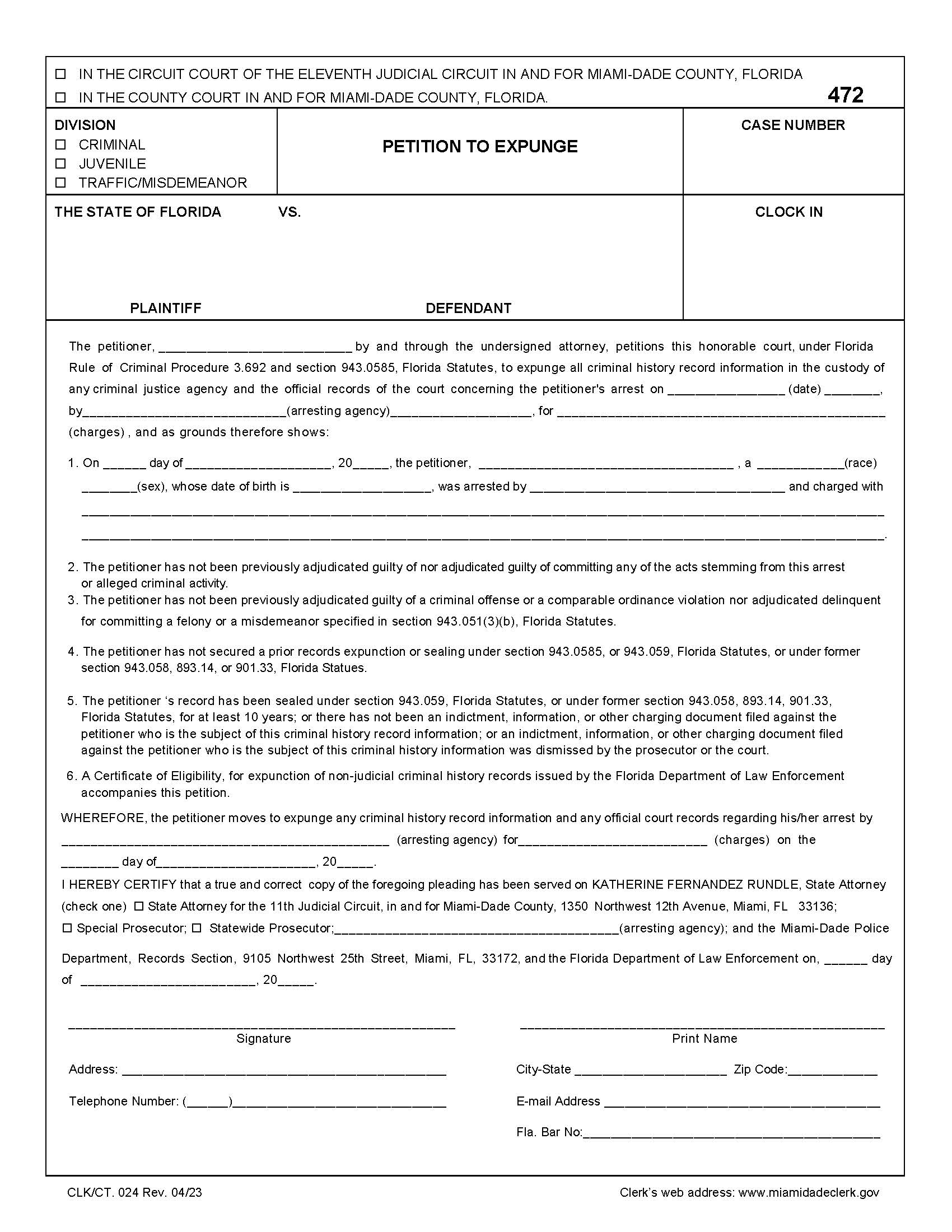 Petition To Expunge {024} | Pdf Fpdf Docx | Florida
