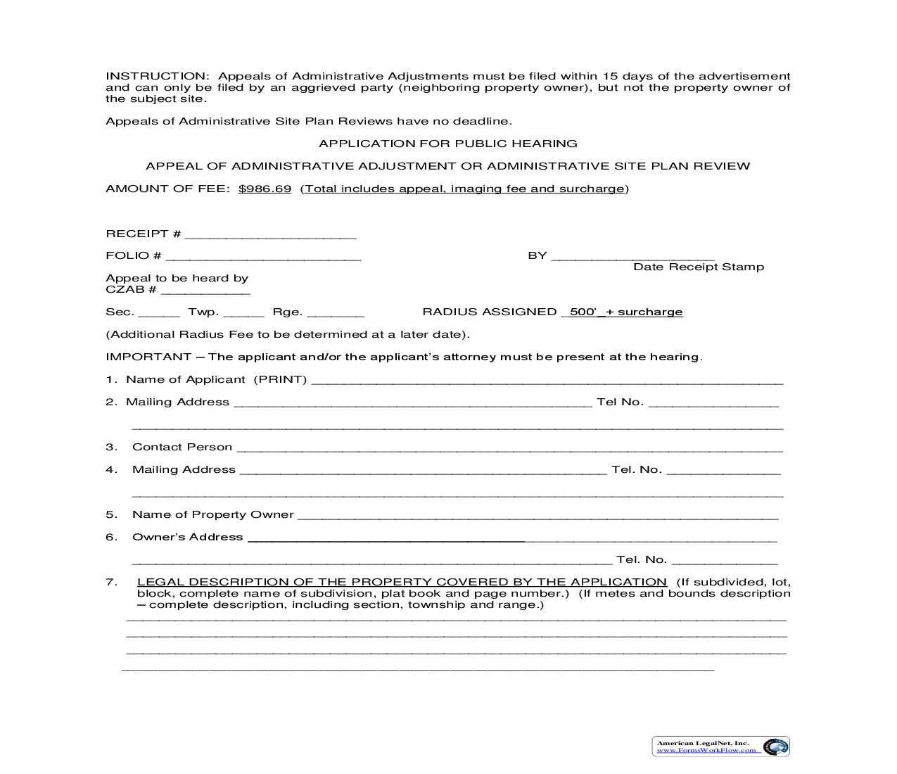 Application For Public Hearing Appeal Of Administrative Adjustment Or Administrative Site Plan Review | Pdf Fpdf Doc Docx | Florida