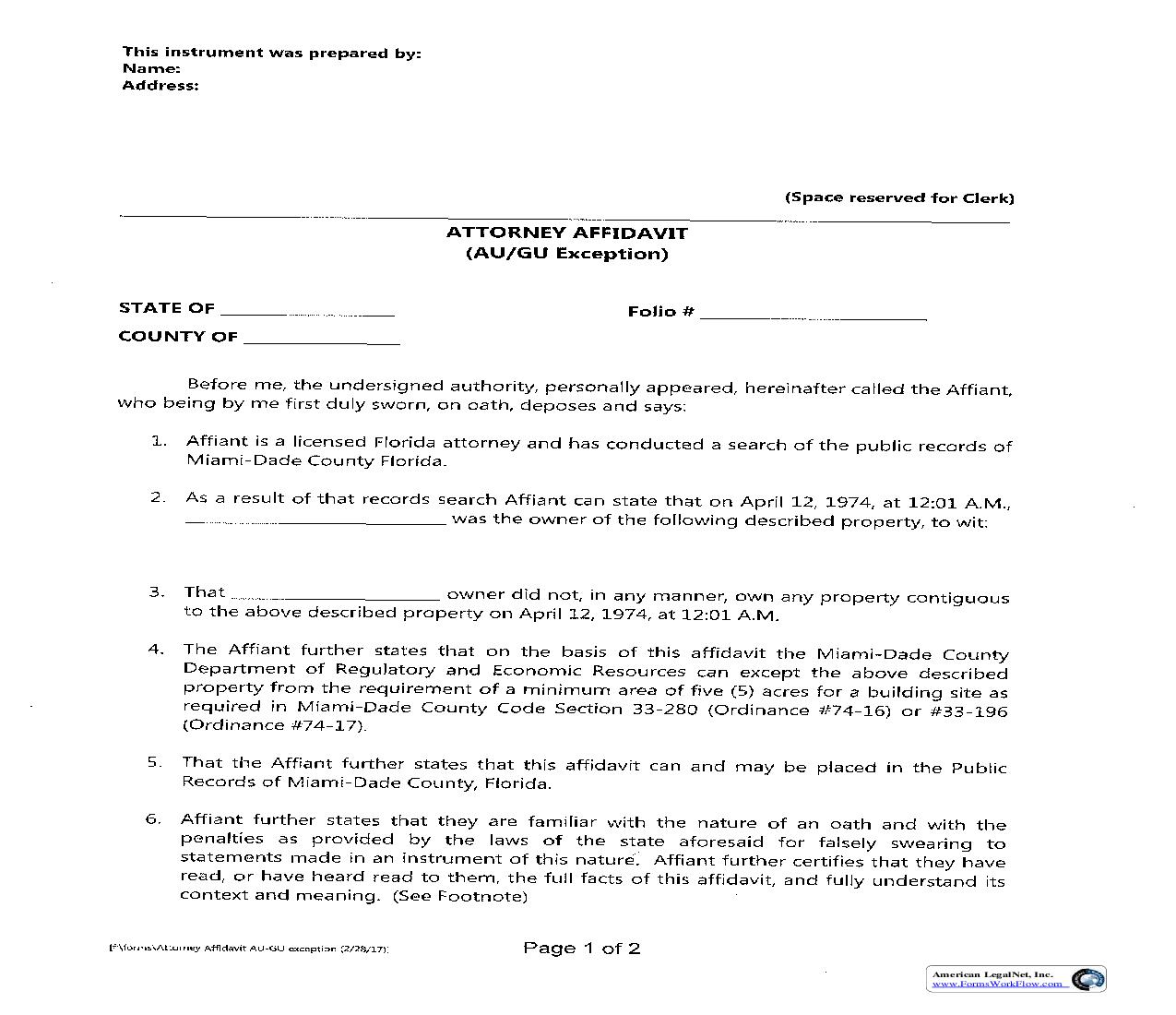 Attorney Affidavit (AU-GU Exception) | Pdf Fpdf Doc Docx | Florida