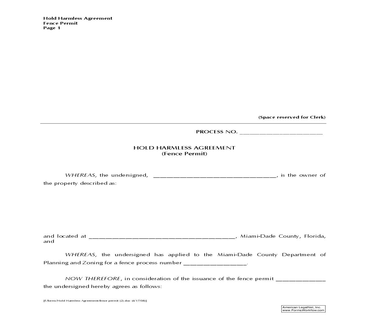 Hold Harmless Agreement (Fence Permit) | Pdf Fpdf Doc Docx | Florida