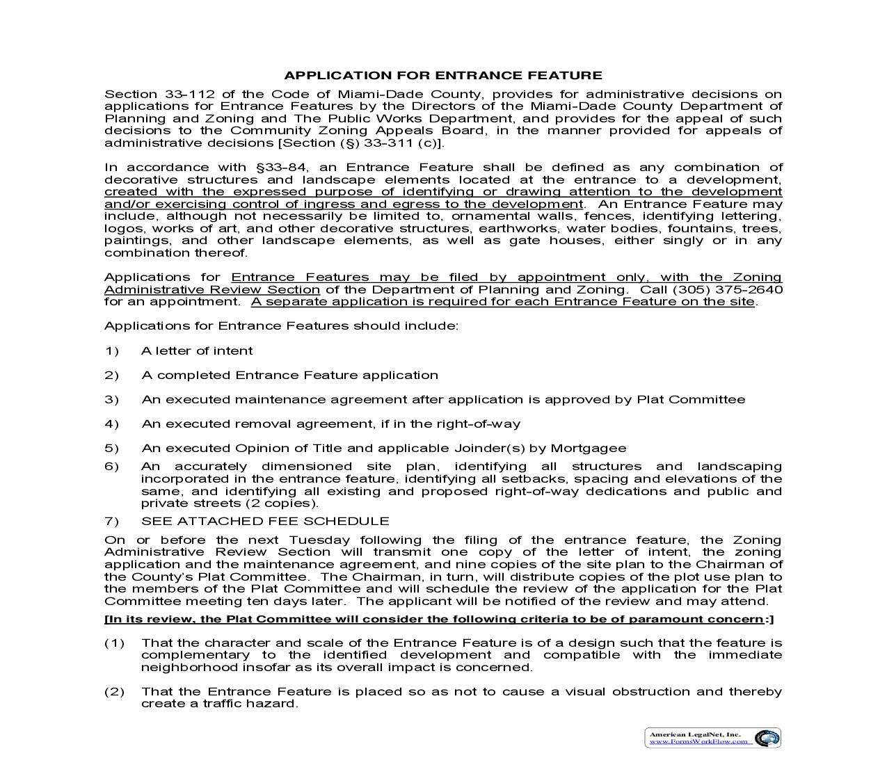 Zoning Application For Administrative Approval Of Entrance Feature (Packet) | Pdf Fpdf Doc Docx | Florida