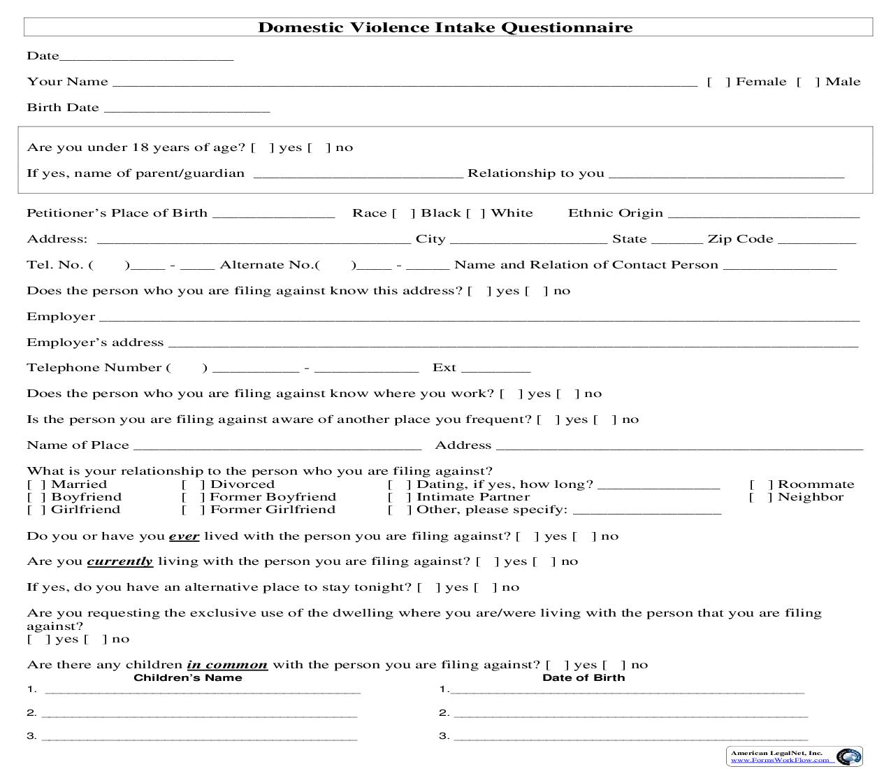 Domestic Violence Intake Questionnaire | Pdf Fpdf Doc Docx | Florida