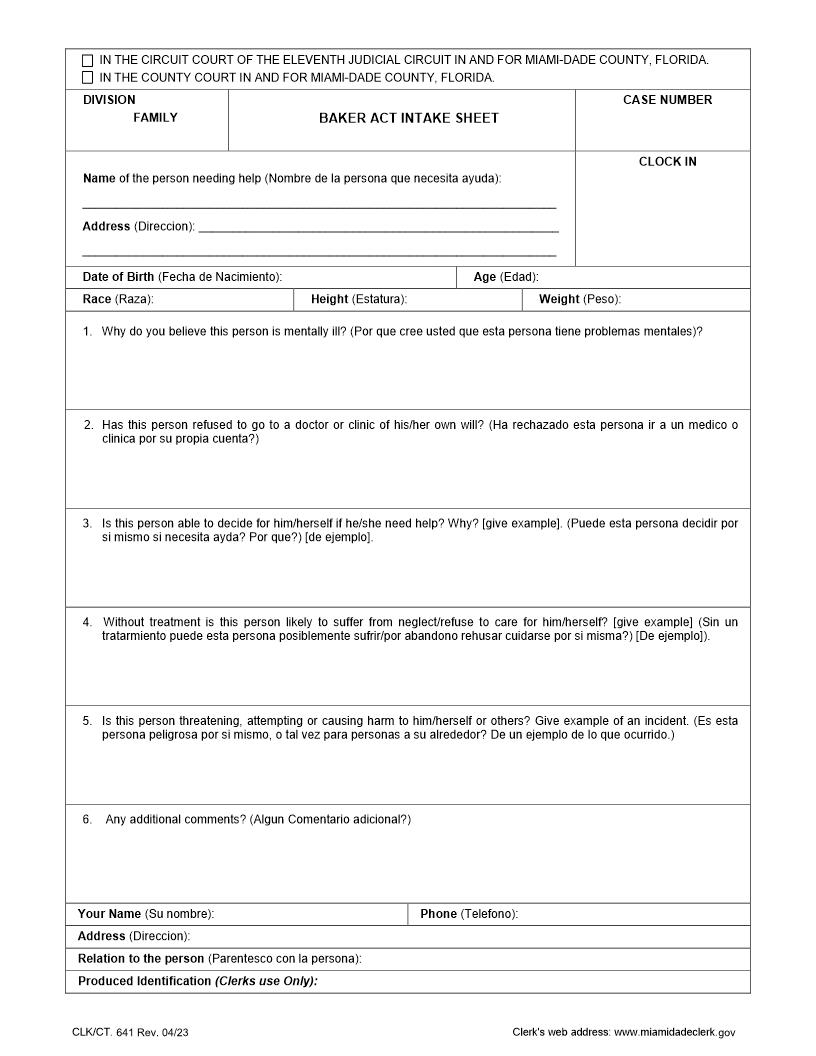 Baker Act Intake Sheet {641} | Pdf Fpdf Docx | Florida