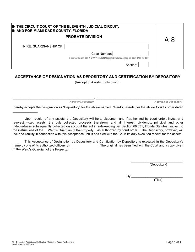 Acceptance Depository Designation Depository Certification (Receipt Of Assets Forthcoming) {A-8} | Pdf Fpdf Docx | Florida