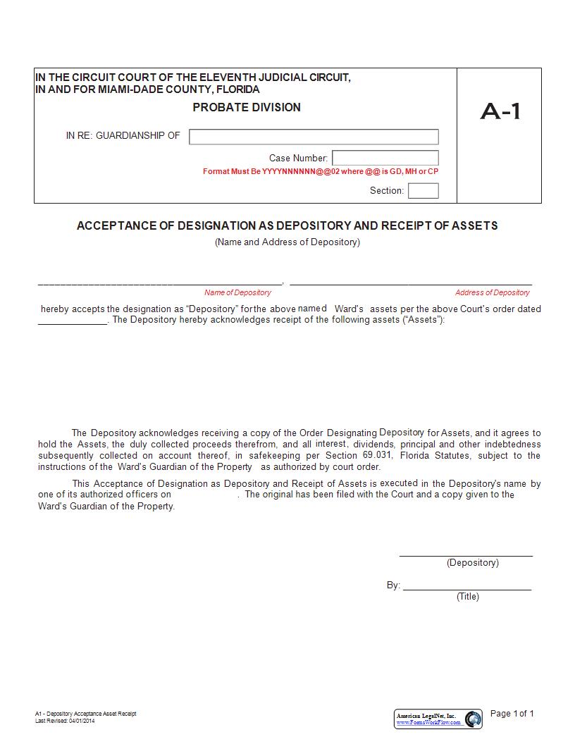 Acceptance Of Designation As Depository And Receipt Of Assets {A-1} | Pdf Fpdf Docx | Florida