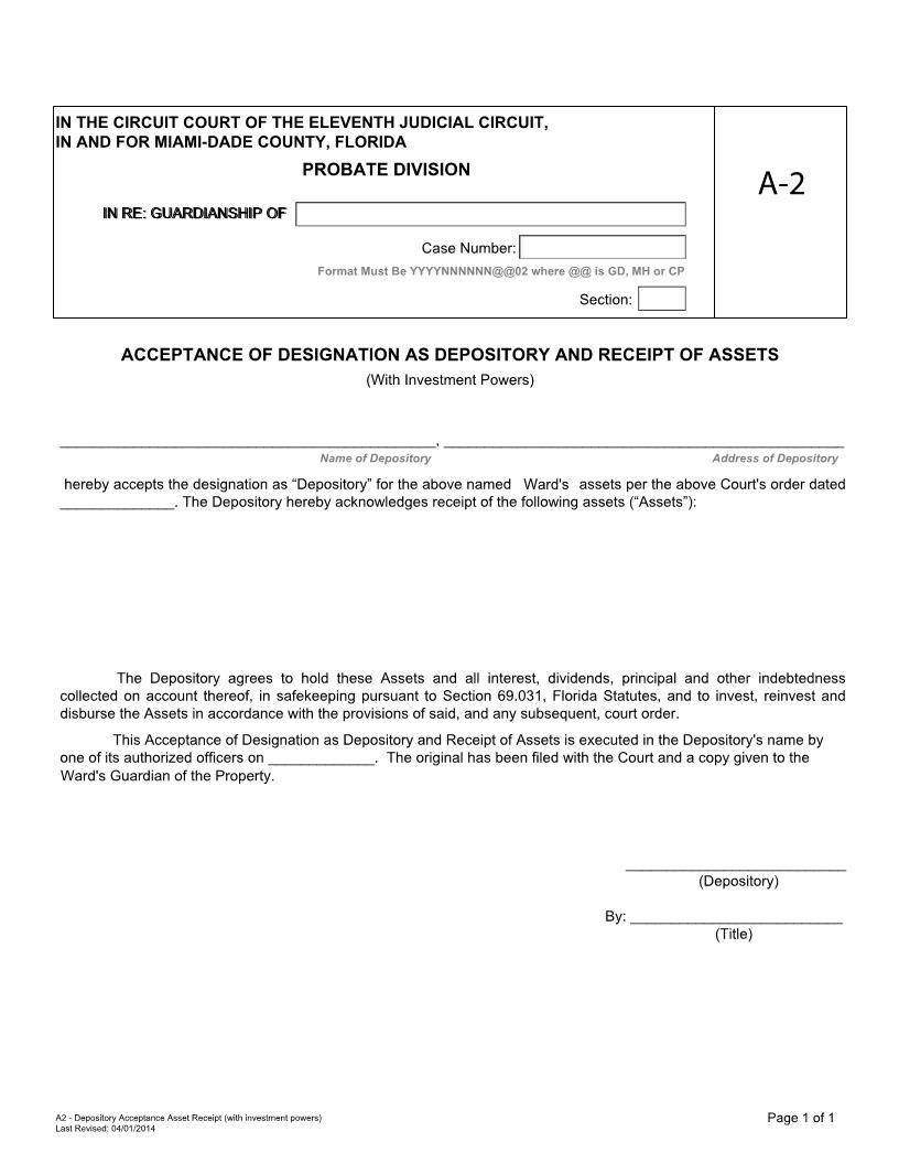 Acceptance Of Designation As Depository Receipt Of Assets (Investment Powers) {A-2} | Pdf Fpdf Docx | Florida