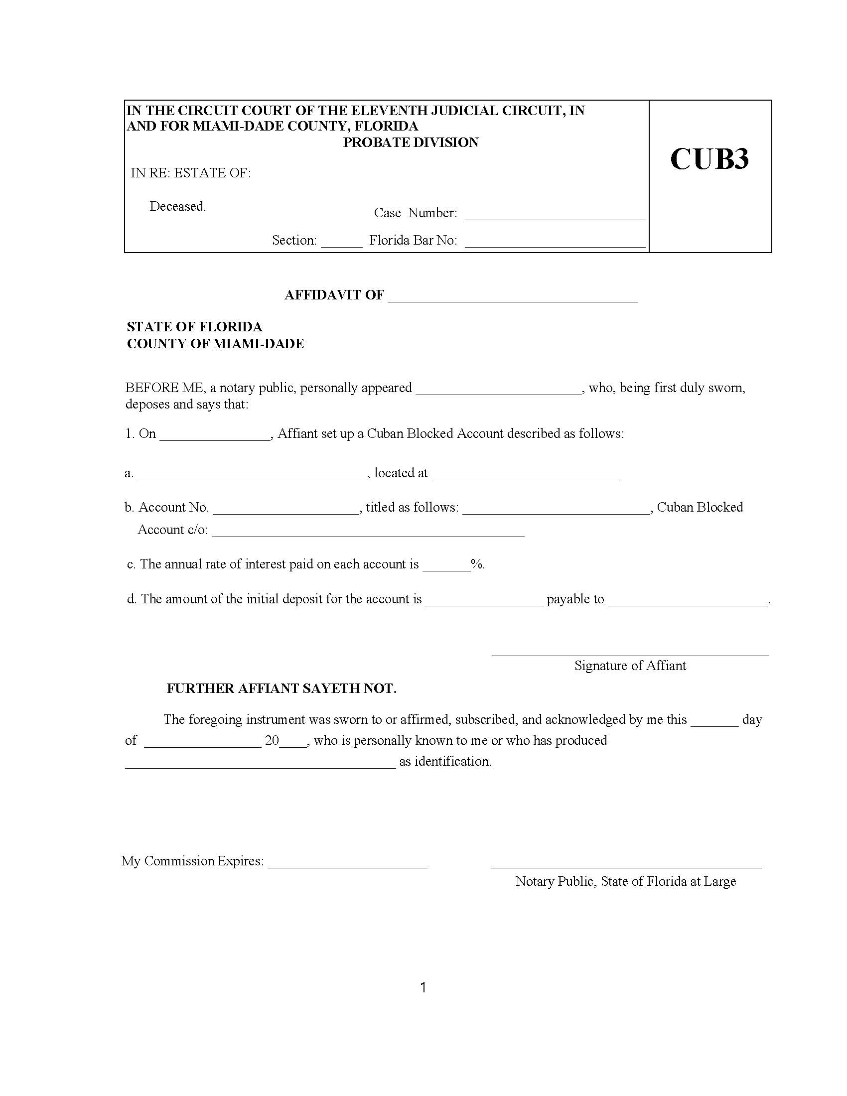 Affidavit Of (Cuban Blocked Account) {CUB3} | Pdf Fpdf Docx | Florida